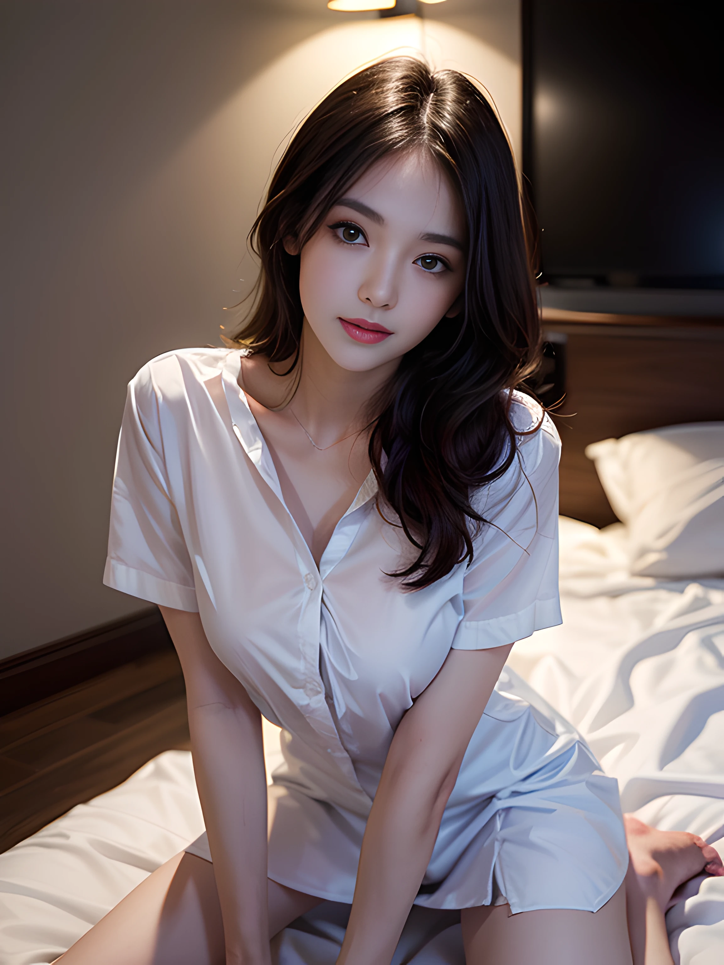 (8K high image quality), (top-quality), (RAW image quality),(masutepiece:1.2), (Realistic), (Photorealistic:1.37), Goose egg face,largeeyes,long eyelasher,Exquisite（Live-action realistic style）,The Ultimate Face,Photorealistic light and shadow,Clear facial features,milky skin,Fair skin, highdetailskin,Realistic skin details,Visible Pore,（Super Detail）,Hair length is random, （Flowing hair）,Best portraits,Shot from a short distance, 1-girl, Cute,Beautiful detailed eyes, beautiful detailed nose, highlydetailed skin,Full body ,(eyecontact),(Colossal tits、Breast Abundance)、(Beautiful face with double eyelids), (Realism: 1.4),High image quality, excellent details, Ultra-high resolution, ,delicate and beautiful face,,20yr old,(Beautiful Face 1.4),A slender,Natural smile,(,Looks fun),Medium Hair,(I only wear a Y-shirt),(I don't wear anything but a Y-shirt),at bedroom,Stand by the bedroom wall,clean legs