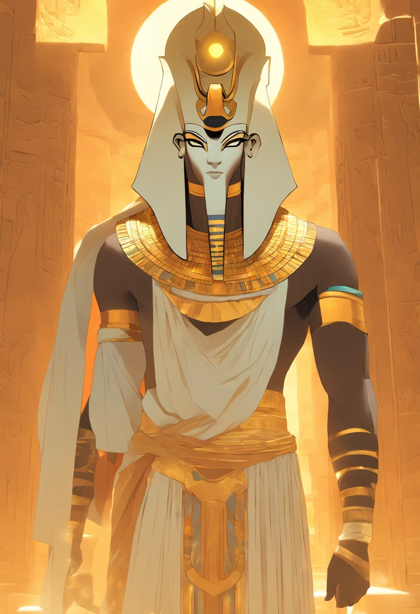 (((MUMMIFIED GOD), best quality, very high resolution, 4K detailed CG, masterpiece, Egyptian mythology,OSIRIS,Atef crown, sun in the background, Ancient Egypt, standing pose, ram face, white clothes, clothes Egyptian, Egyptian temple, desert, Ancient Egypt, ((Atef crown and false beard)), Egyptian palace, aesthetics, beautiful image, centered on screen, standing pose