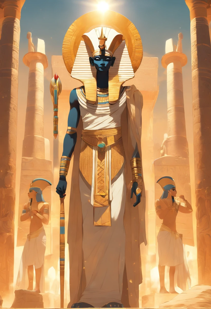 ((Osiris))) best quality, very high resolution, 4K detailed CG, masterpiece, Egyptian mythology, Osiris, sun in the background, Ancient Egypt, standing pose, white clothes, Egyptian clothes, Egyptian temple, desert, Egypt Ancient, ((Mummified body and rotten skin)), Egyptian palace, aesthetics, beautiful image, centered on canvas, standing pose