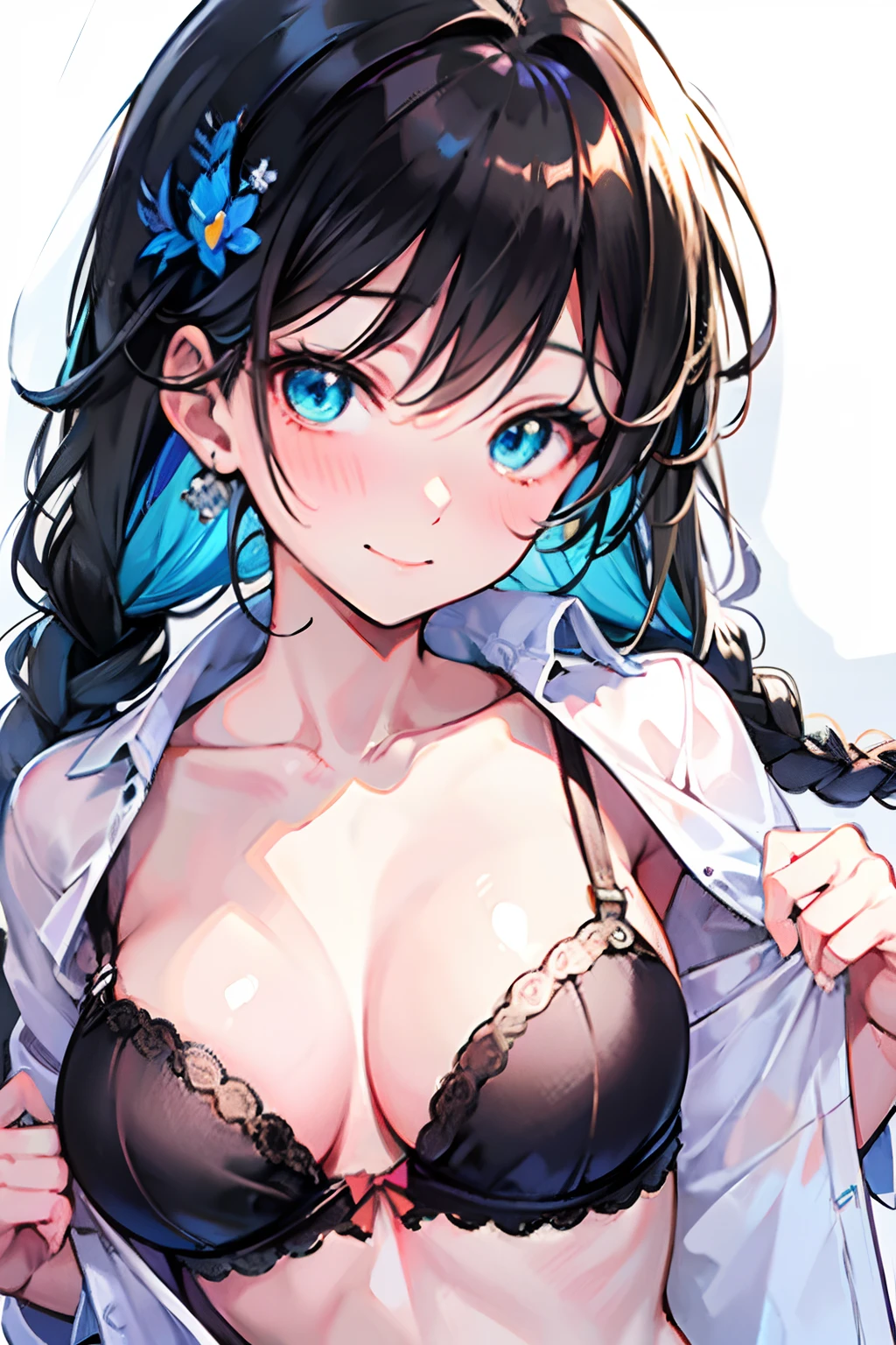Tazune rirei, 8k, ultra-detailed, Masterpiece, best quality, aqua eyes, black hair, braid hair, middle chest, school class room , day, 1girl, solo, ((close up face)), portrait, bokeh, undressing, collarbone, (blush), completely nude, bra, (embarrassed), shirt lift, light smile