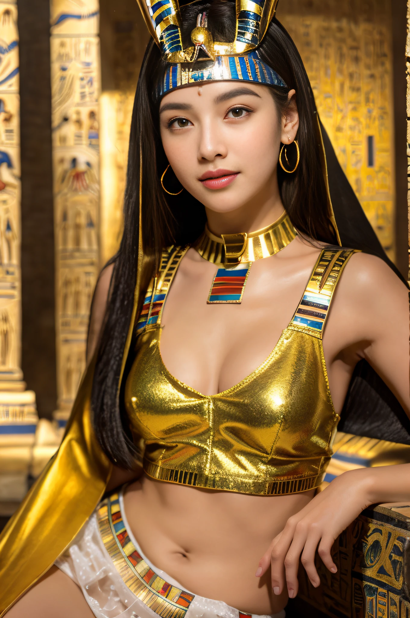 (((ancient egyptian Kalasiris))),(((ancient egyptian queen headpiece))),(((bib necklace))),(((bare inner thigh))),(((bangle))),(((ancient egypt traditional white sheer fabric cape))),ulzzang-6500-v1.1, (Raw photo:1.2), (Photo realistic:1.4), a beautiful detailed girl, extremely detailed eye and face, beautiful detailed eyes, ultra-detailed, High resolution, top-quality, ​masterpiece, highly detailed, 8k wallpaper, Wonderful, finely detail, top-quality, Light on the face,电影灯光,1girl in,(ancient egypt pyramids and sphinx),Beautiful eyes,smile,Opening Mouth