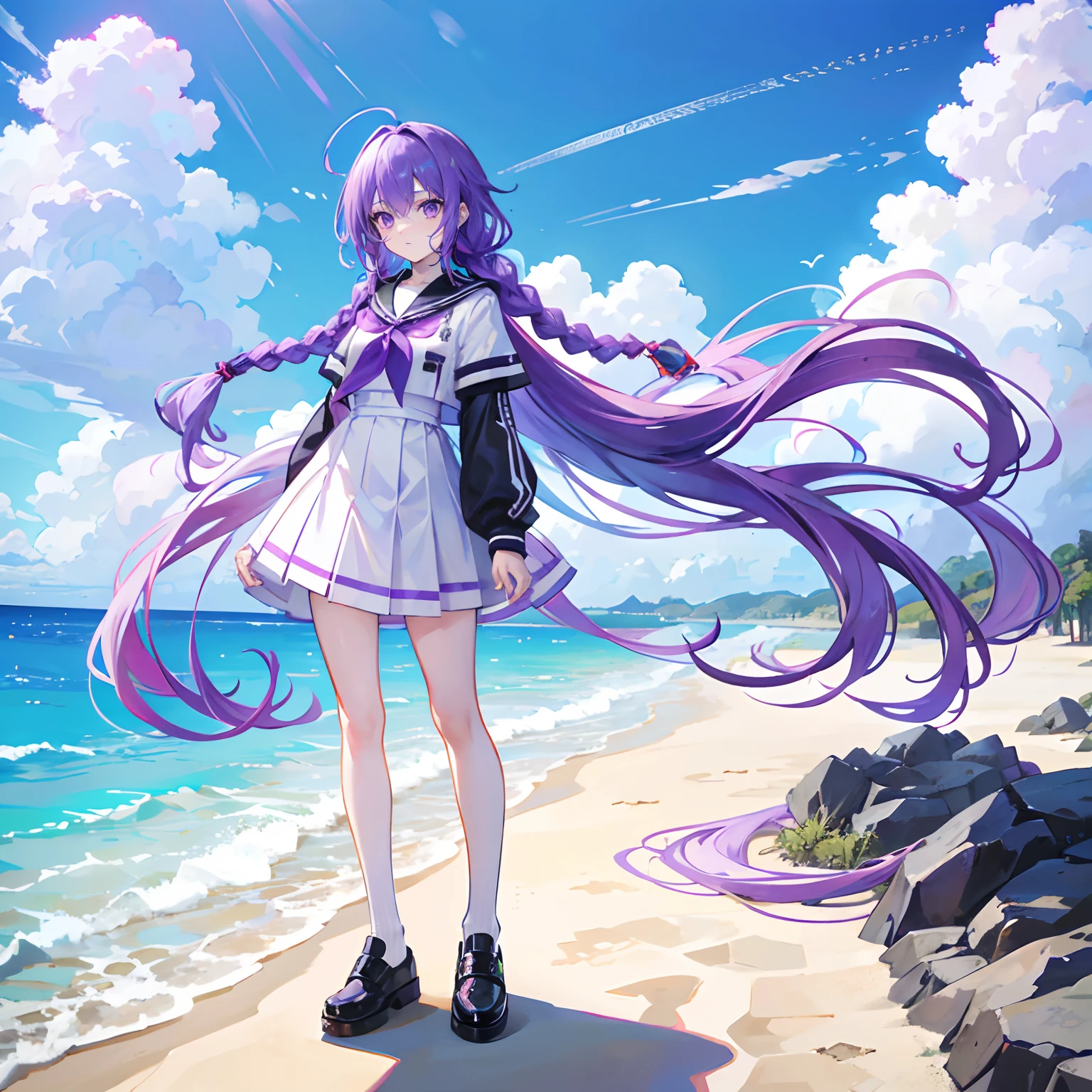 Purple colored hair，long whitr hair，Purple eyes，Twist braids，adolable，teens girl，Long legs，White JK uniform，Leather shoes on the feet，fully body photo，All body，stand on sand，Fingers and arms are not exposed，Background sandy beach，with blue sky and white clouds