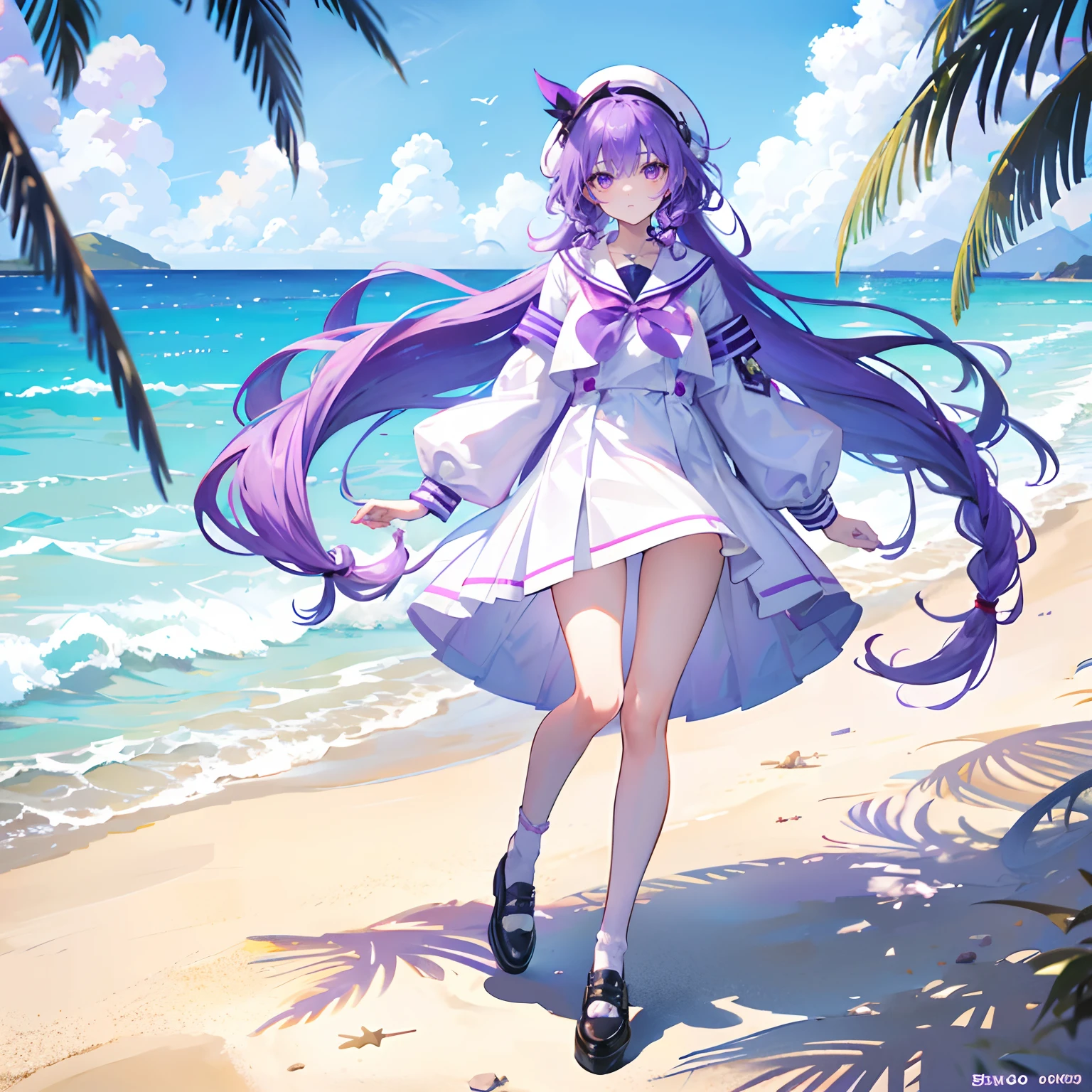 Purple colored hair，long whitr hair，Purple eyes，Twist braids，adolable，teens girl，Long legs，White JK uniform，Leather shoes on the feet，fully body photo，All body，stand on sand，Fingers and arms are not exposed，Background sandy beach，with blue sky and white clouds