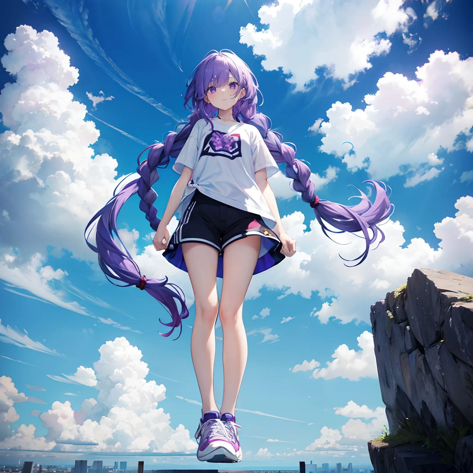 Purple colored hair,long whitr hair,Purple eyes,Twist braids,woman,Adults,mature,Wear short-sleeved shorts,Wear sneakers on your feet,on the sky,Suspended in the air,The background is all the sky,full-body photo on the front,All body,Fingers and arms are not exposed,Background sky,with blue sky and white clouds