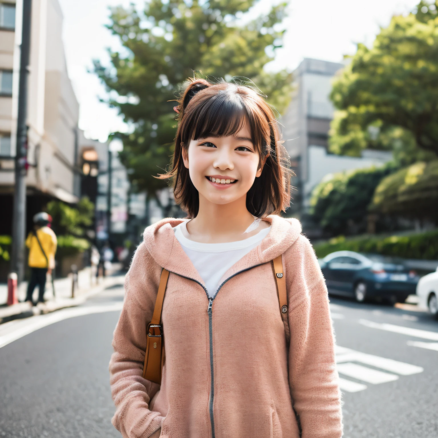 (Masterpiece, highest quality:1.3), High resolution, (illustration: 1.3), , (Cute:1.3), Yui Yuigahama, casualwear, standing, in tokyo street, (smile:1.2), morning, natural light, sweat,
