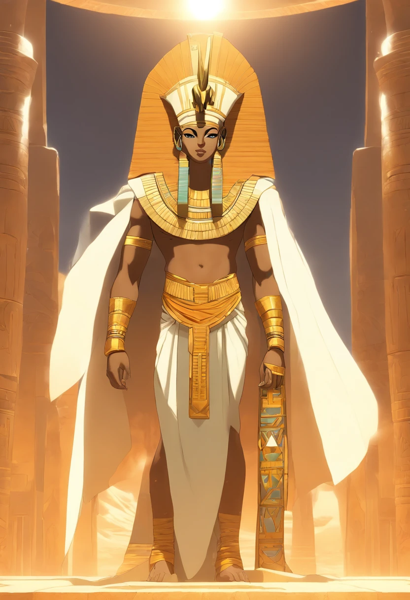 ((Osiris))) best quality, very high resolution, 4K detailed CG, masterpiece, Egyptian mythology, Osiris, sun in the background, Ancient Egypt, standing pose, white clothes, Egyptian clothes, Egyptian temple, desert, Egypt Ancient, ((Mummified body)), Egyptian palace, aesthetics, beautiful image, centered on canvas, standing pose