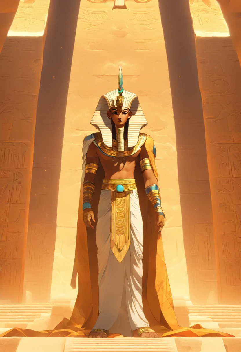 ((Osiris))) best quality, very high resolution, 4K detailed CG, masterpiece, Egyptian mythology, Osiris, sun in the background, Ancient Egypt, standing pose, white clothes, Egyptian clothes, Egyptian temple, desert, Egypt Ancient, ((Mummified body)), Egyptian palace, aesthetics, beautiful image, centered on canvas, standing pose