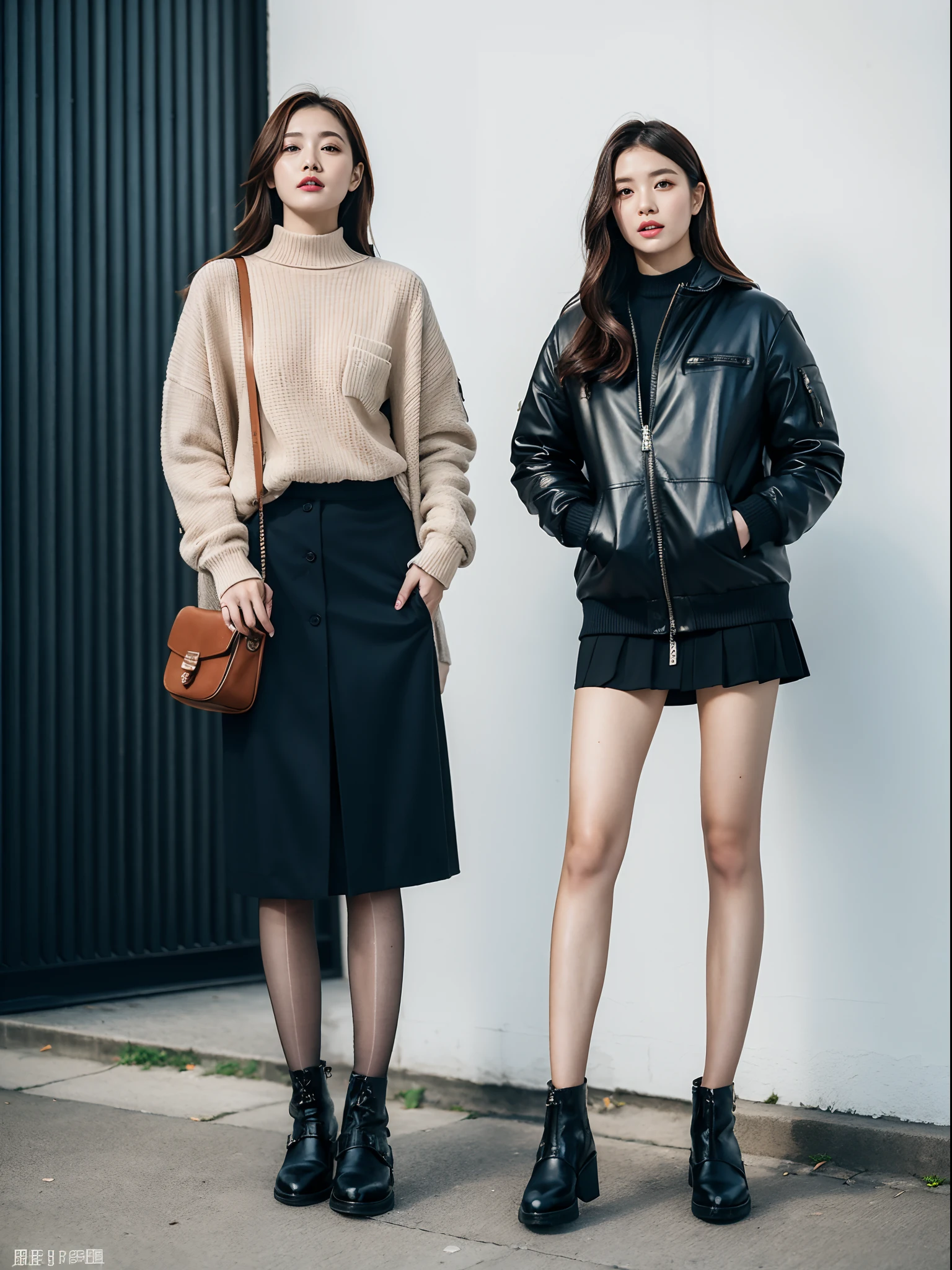 (RAW photo:1.2), (Photorealistic:1.4),Beautiful detailed woman,very detailed eyes and faces, A detailed eye, ultra - detailed, A high resolution, The is very detailed,best qualtiy,illustratio,unified,8k 壁纸,tmasterpiece,best qualtiy,1 group of girls standing side by side，full bodyesbian, 1girll，Solo，a skirt，Pocket，carryng bag，long whitr hair，Boots，jewely，full bodyesbian，brown  hair，Fashionab，jaket，Black shoes，耳Nipple Ring，standing on your feet，with brown eye，realisticlying