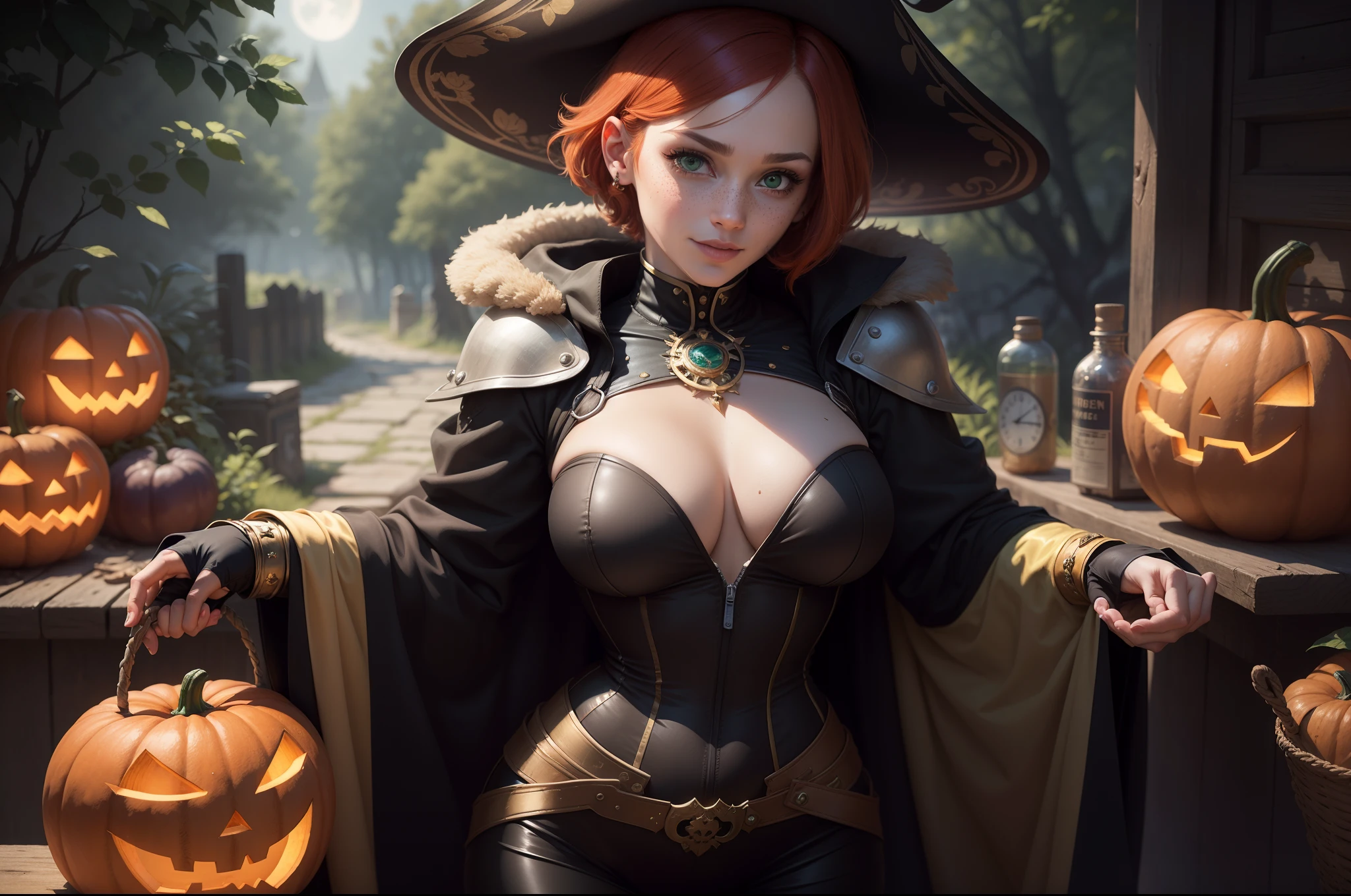 gwen tennyson,tracer,gogo tomago, rebecca chambers,dragon's crown, atelier ryza,1girl,close up,mecha pilot,halloween forest,gold and orange plugsuit,hair pin,pirate corset,silver long sleeve lycra top,steel leggings,short hair,cute makeup, green eyes,red and gold hair,shy smile, freckles,redhead,beautiful girl,large breasts,ultra detailed,realistic,fantasy art,bodycon dress,steel armor,halloween pumpkin,moonlight,witch cloak,neck and head jewelry,witch hat,witch staff,