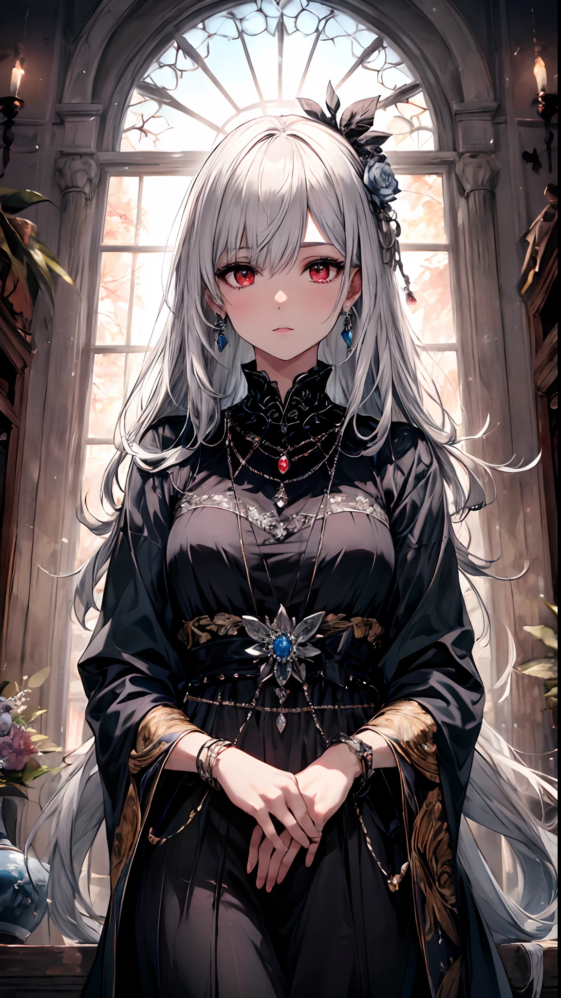(Best Quality, 4k, 8K, high resolucion;, Masterpiece:1.2), Ultra-detailed, Noble Maiden, exquisite facial features，White curly hair long hair detail expression, Graceful posture, Dreamy atmosphere, expressive brush strokes, mystical ambiance, artistic interpretation,Delicately wound hair，Floral jewellery with exquisite details, Crystal Diamond Jewelry，Small and fresh aesthetic，Amazingly intricate costumes, Fantasy Illustration, Subtle colors and tones, The details have been upgraded