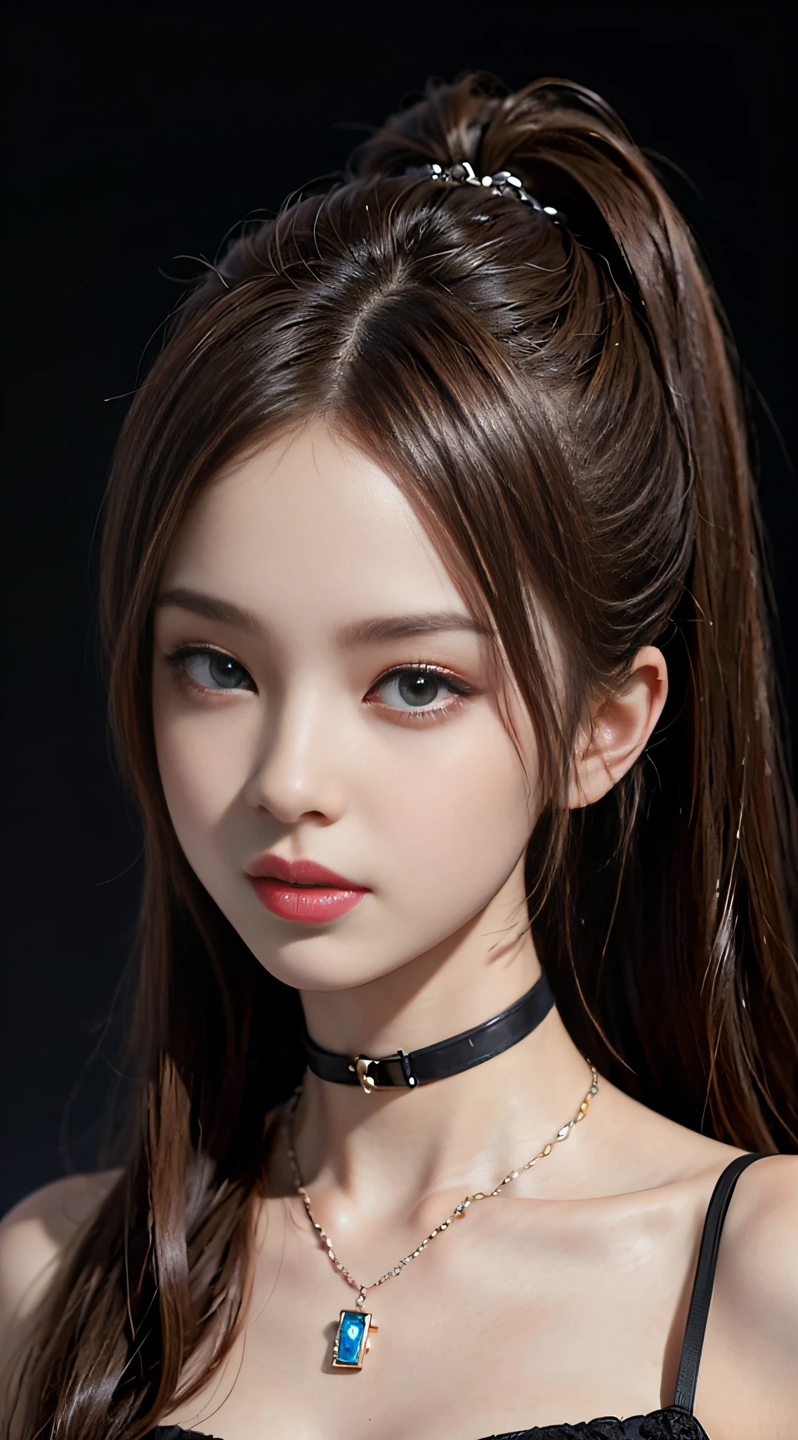 ((​masterpiece:1.4)、(top-quality:1.4)、(reallistic:1.7))、masuter piece:1.4、Kawaii Girl、Portrait photos、Close-up photos、Upper body photography、beautiful countenance、defiance、dark backgrounds、Narrow waist、poneyTail、Raw photo、red-lips、a choker:1.4、a necklace:1.4、耳Nipple Ring:1.4、1 screen display、