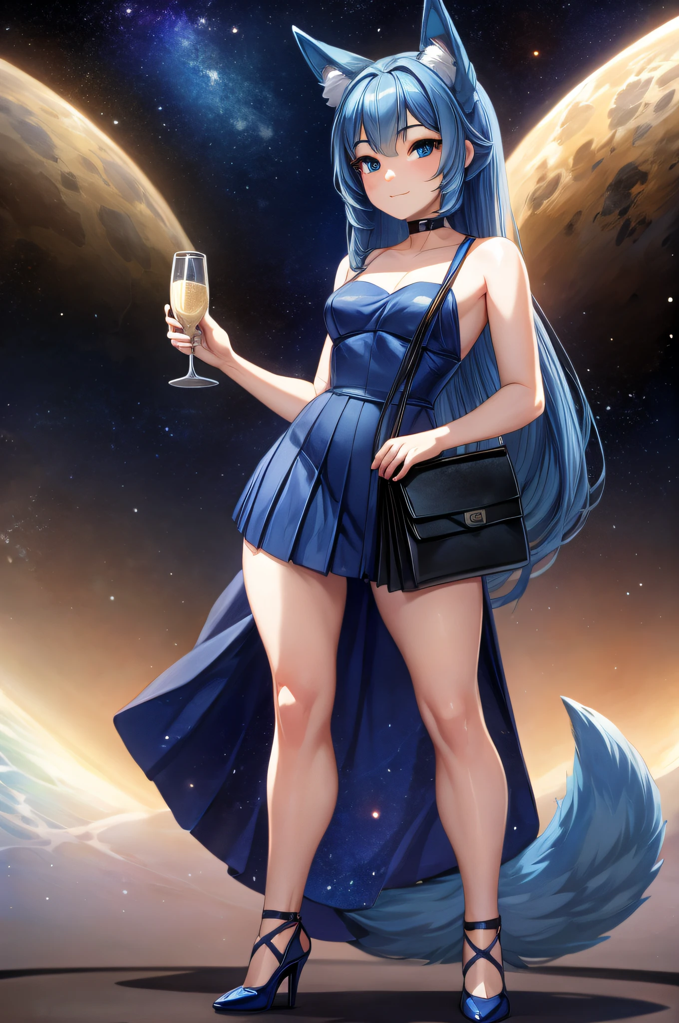 (Masterpiece) (High Detail) (High Res) A short petite humanoid girl with pale human skin and blue eyes and long blue hair and blue dog ears and a fluffy dog tail is wearing a tight dress with a pleated hem, it is patterned in a space theme with a galaxy-print across the dress. She has navy blue heels and a small navy clutch bag. She is holding a glass of champagne.