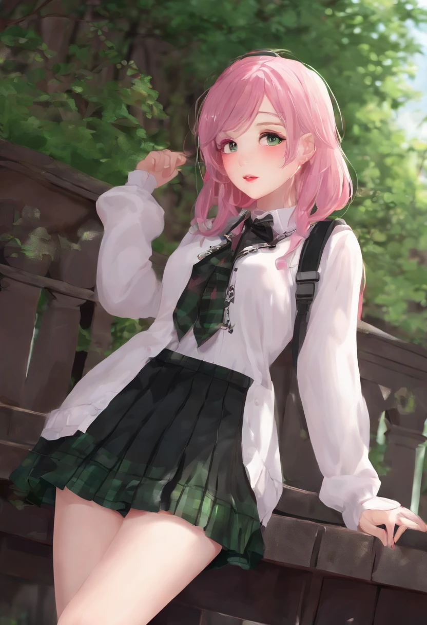 1girl, pink hair, school girl ,highres, blushing, short skirt, panty peek, green polka dot panties, gothic, black skirt, black sweater,