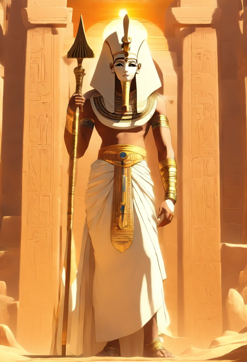 ((Osiris))) best quality, very high resolution, 4K detailed CG, masterpiece, Egyptian mythology, Osiris, sun in the background, Ancient Egypt, standing pose, white clothes, Egyptian clothes, Egyptian temple, desert, Egypt Ancient, ((Mummified body)), Egyptian palace, aesthetics, beautiful image, centered on canvas, standing pose