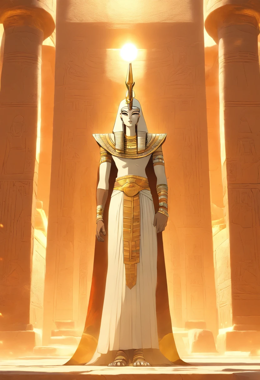 ((Osiris))) best quality, very high resolution, 4K detailed CG, masterpiece, Egyptian mythology, Osiris, sun in the background, Ancient Egypt, standing pose, white clothes, Egyptian clothes, Egyptian temple, desert, Egypt Ancient, ((Mummified body)), Egyptian palace, aesthetics, beautiful image, centered on canvas, standing pose