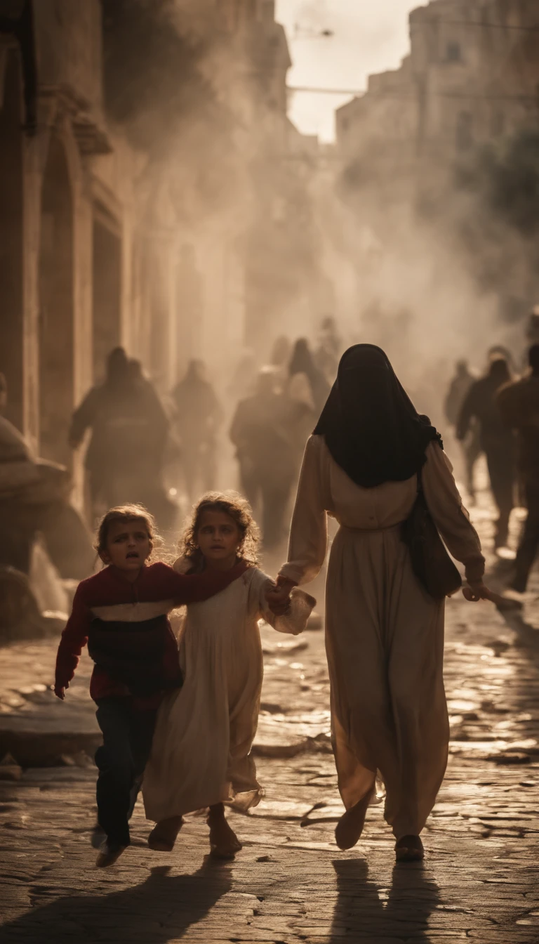 The city of Jerusalem being attacked by missiles, Palestinian terrorists attacking people, a scene of fear and terror. women and children crying