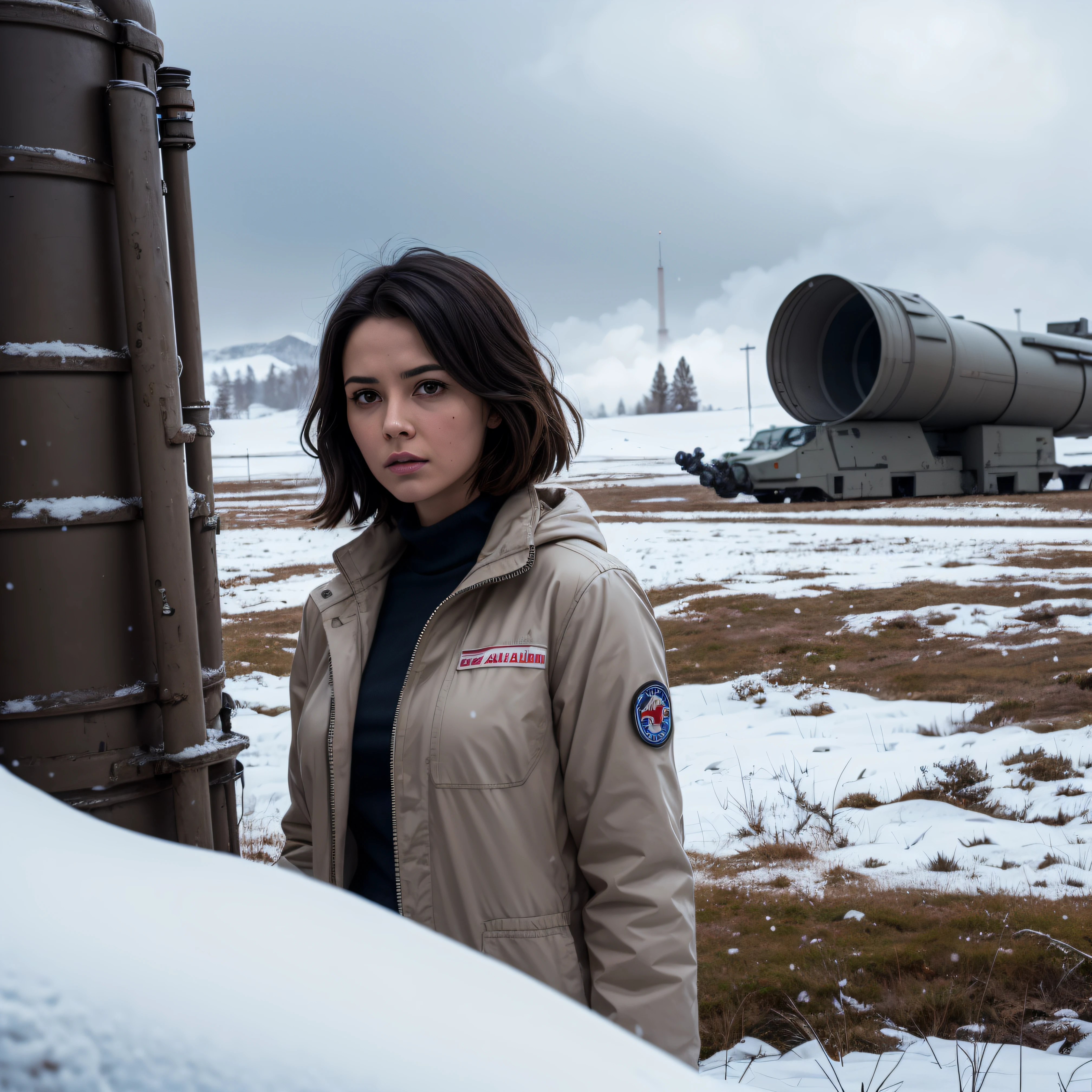 Ring World,Science Fiction,Sci-Fi Movies,Artillery,Long-Range Missiles,Based on the movie Foundation ,Woman,Adult,Protagonist,28 years old,hopeful face,brown eyes,short hairstyle,black hair with white gray,scientist uniform,white researcher coat,open meadow,rebel,chaotic,future world,world of socialism,snow,chaos.