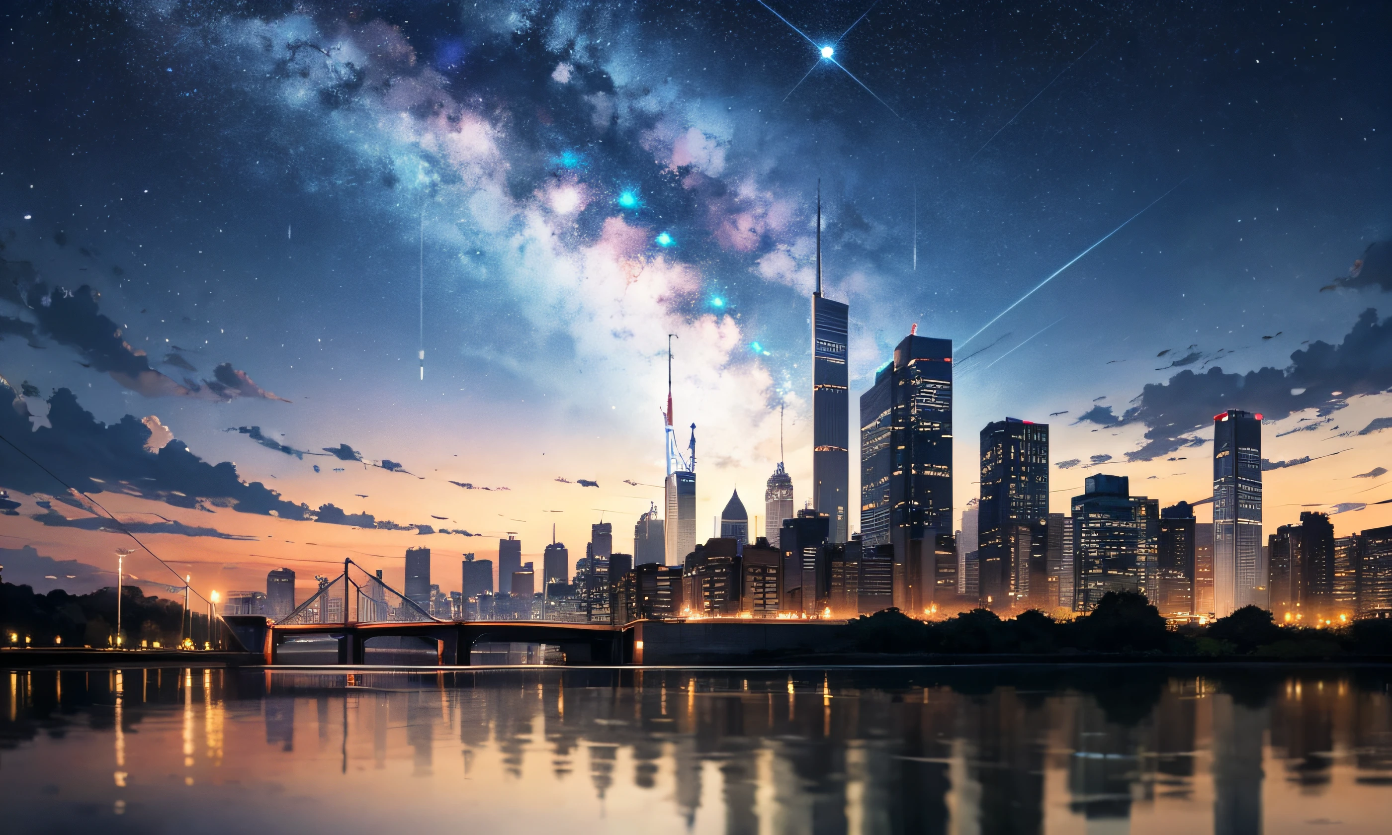 (The vast sky),Beautiful skyline，[Highlight filter：1.2+Soft light filter：0.8+Contrast optimization：0.9+high saturated：1.1]，The shooting angle is dynamic，The starry sky is gorgeous，The water surface is vast，The city is far away。