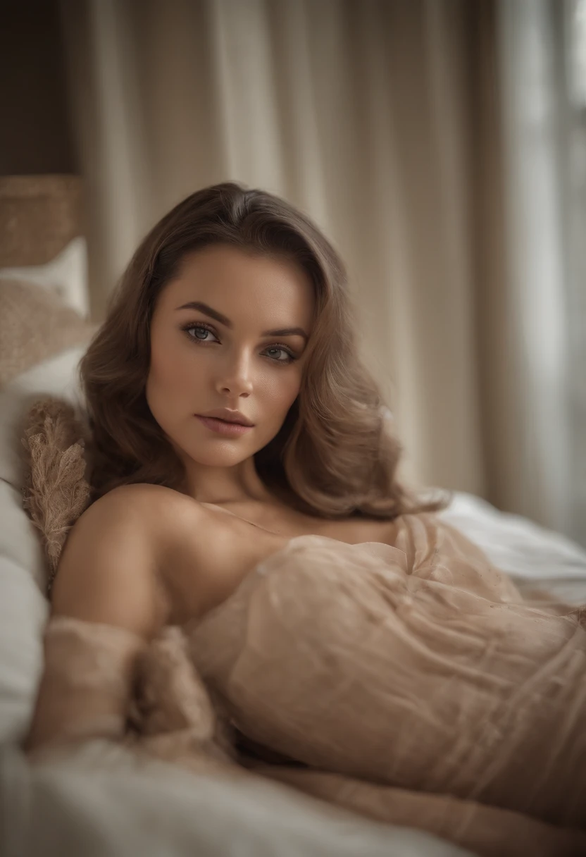 Arafed Full Woman, Sexy Girl with Brown Eyes, Ultra Realistic, Meticulously Detailed, Portrait Sophie Mudd, Brown Hair and Big Eyes, Selfie of a Young Woman, Dubai Eyes, Violet Myers, No Makeup, Natural Makeup, Looking Directly at the Camera , face with artgram, subtle makeup, Stunning full body photo kneeling on bed, In the bedroom, Medium to large size bust, (photo taken from above: 1.3)