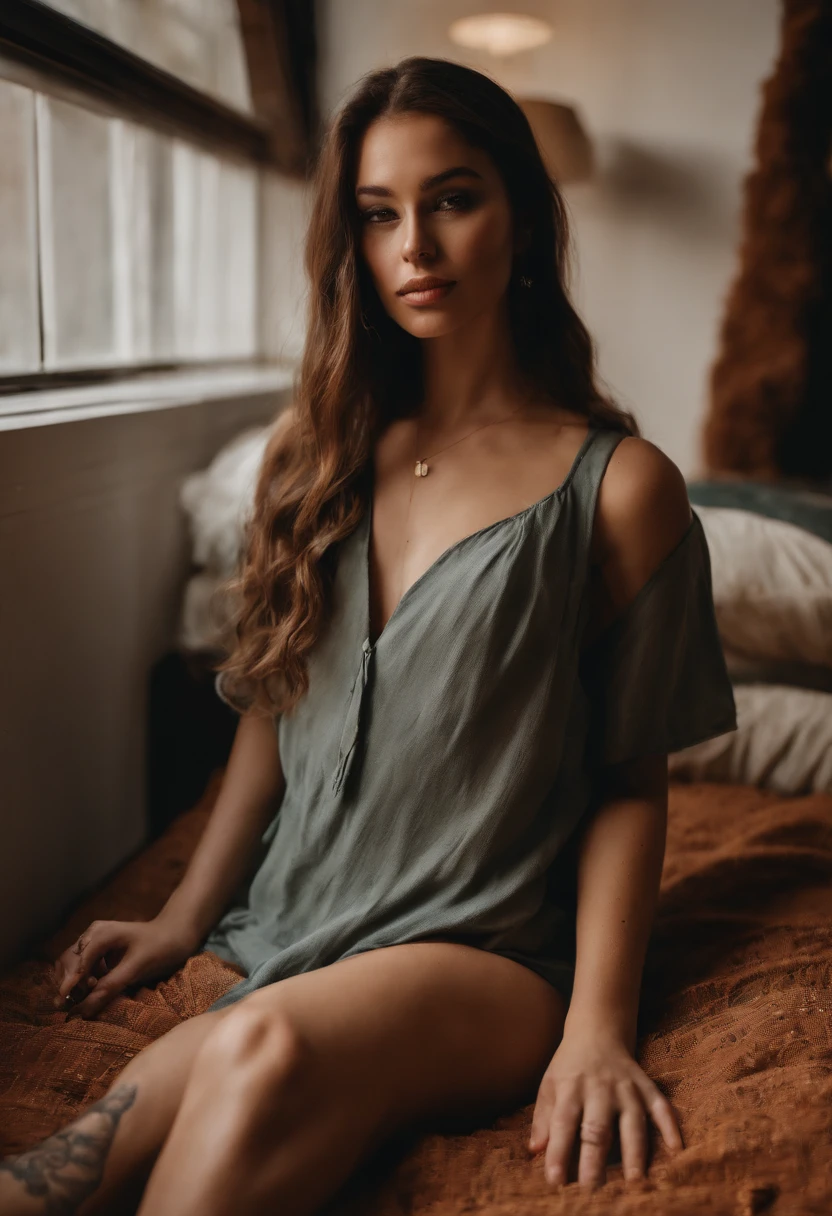 young beautiful female adult with long light brown hair laying sexually on the sofa with one leg out, showing her pelvic with a bend back