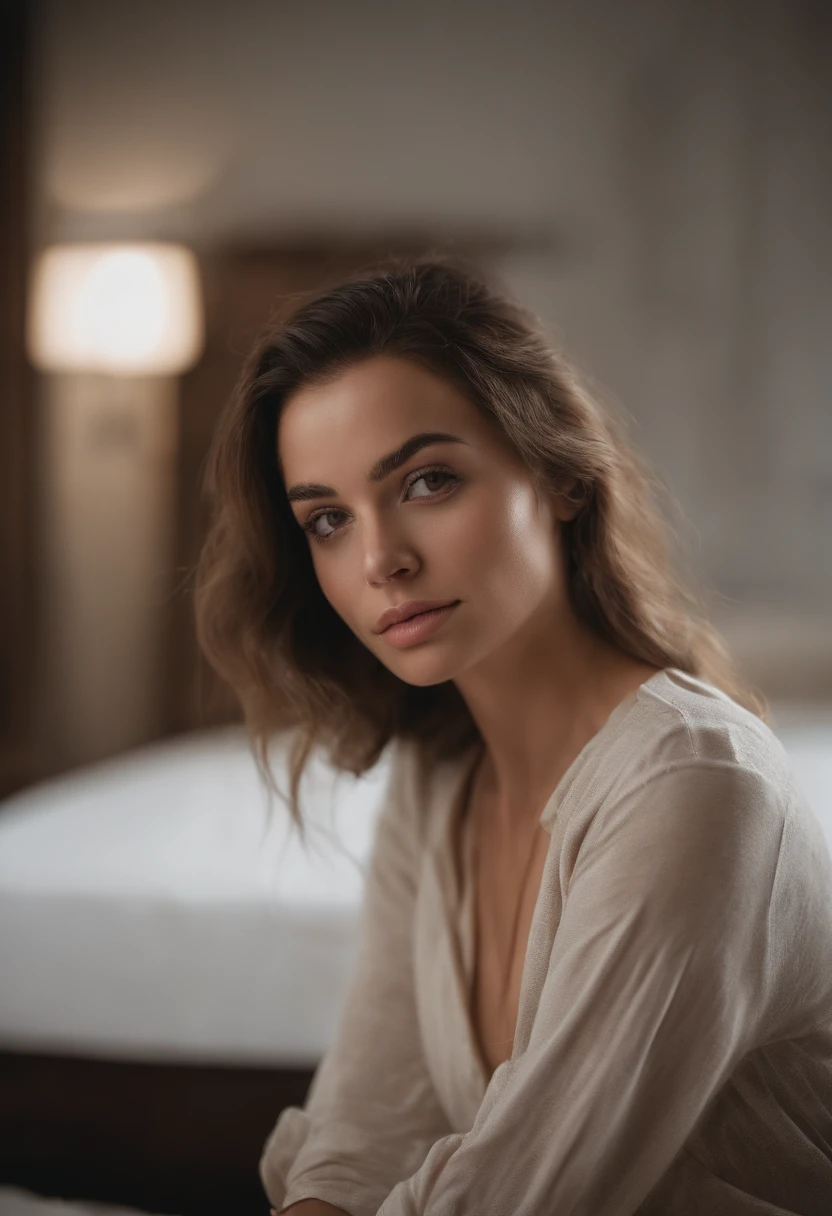 Arafed woman with bare breasts, Sexy girl with brown eyes, portrait sophie mudd, brown hair and large eyes, selfie of a young woman, Kammeraugen, violet myers, no makeup, natural makeup, looking straight at camera, face with artgram, dezentes Make-up, Excellent full-length photo, in a room, topless