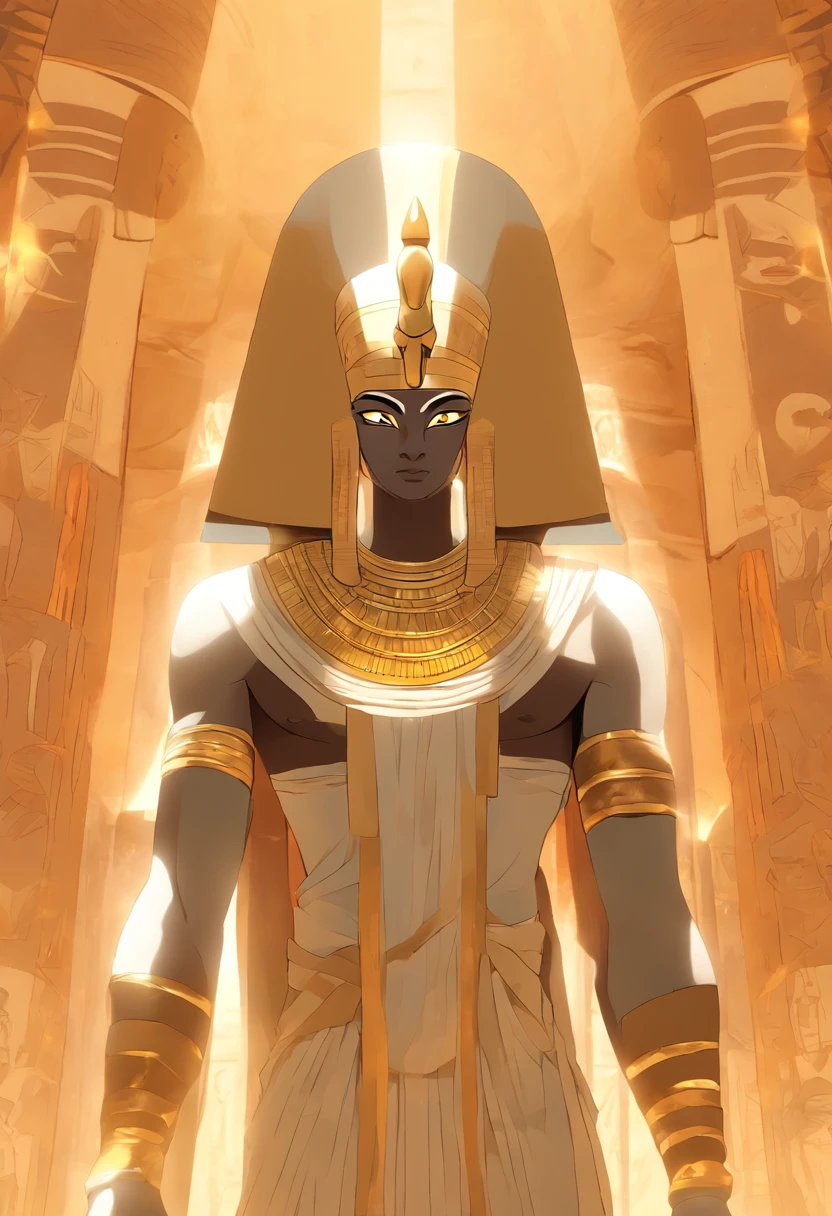 ((Osiris))) best quality, very high resolution, 4K detailed CG, masterpiece, Egyptian mythology, Osiris, sun in the background, Ancient Egypt, standing pose, white clothes, Egyptian clothes, Egyptian temple, desert, Egypt Ancient, ((Mummified body)), Egyptian palace, aesthetics, beautiful image, centered on canvas, standing pose