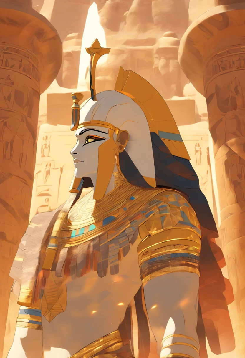 ((Osiris))) best quality, very high resolution, 4K detailed CG, masterpiece, Egyptian mythology, Osiris, sun in the background, Ancient Egypt, standing pose, white clothes, Egyptian clothes, Egyptian temple, desert, Egypt Ancient, ((Mummified body)), Egyptian palace, aesthetics, beautiful image, centered on canvas, standing pose