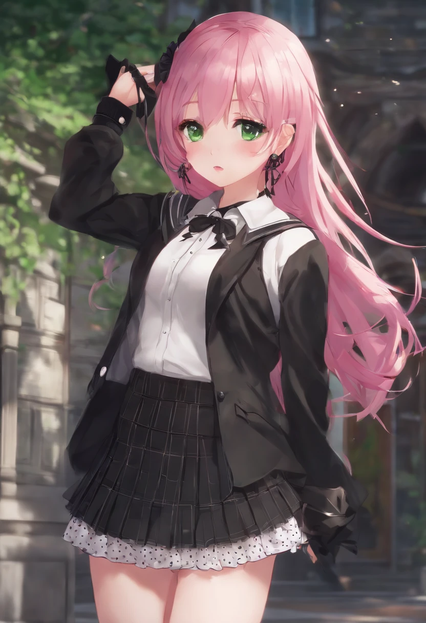 1girl, pink hair, school girl ,highres, blushing, short skirt, panty peek, green polka dot panties, gothic, black skirt, black sweater,