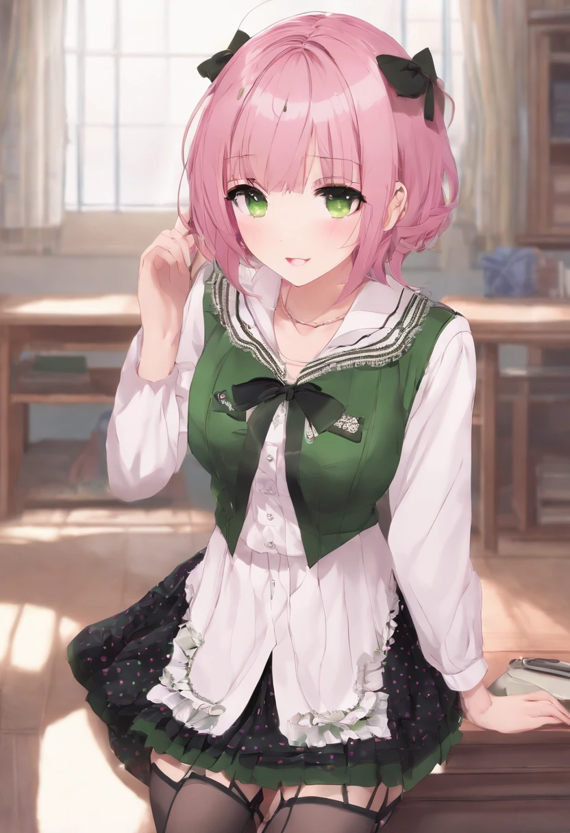 1girl, pink hair, school girl ,highres, blushing, short skirt, panty peek, green polka dot panties, gothic, black skirt, black sweater,