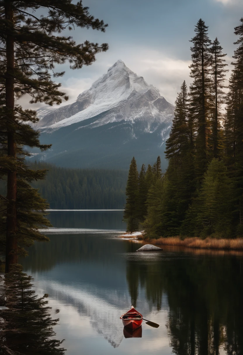 A serene mountain lake nestled between towering pine trees, its glassy surface reflecting a snow-capped peak, a lone canoe drifting near the shore, evoking a sense of tranquility and solitude, Photography, DSLR camera with a 50mm prime lens, f/8 aperture, --ar 16:9 --v 5