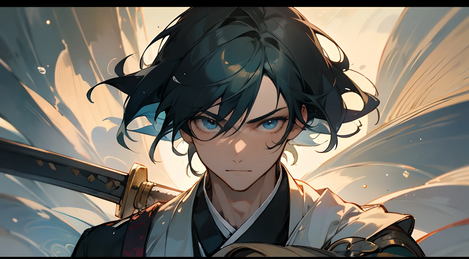 A male martial arts swordsman，（Eye close-up 1.5），A man's eyes，Close-up Shot Shot，best qualtiy，Game cg style，japan manga style，（Water element 1.5），Gentle as water