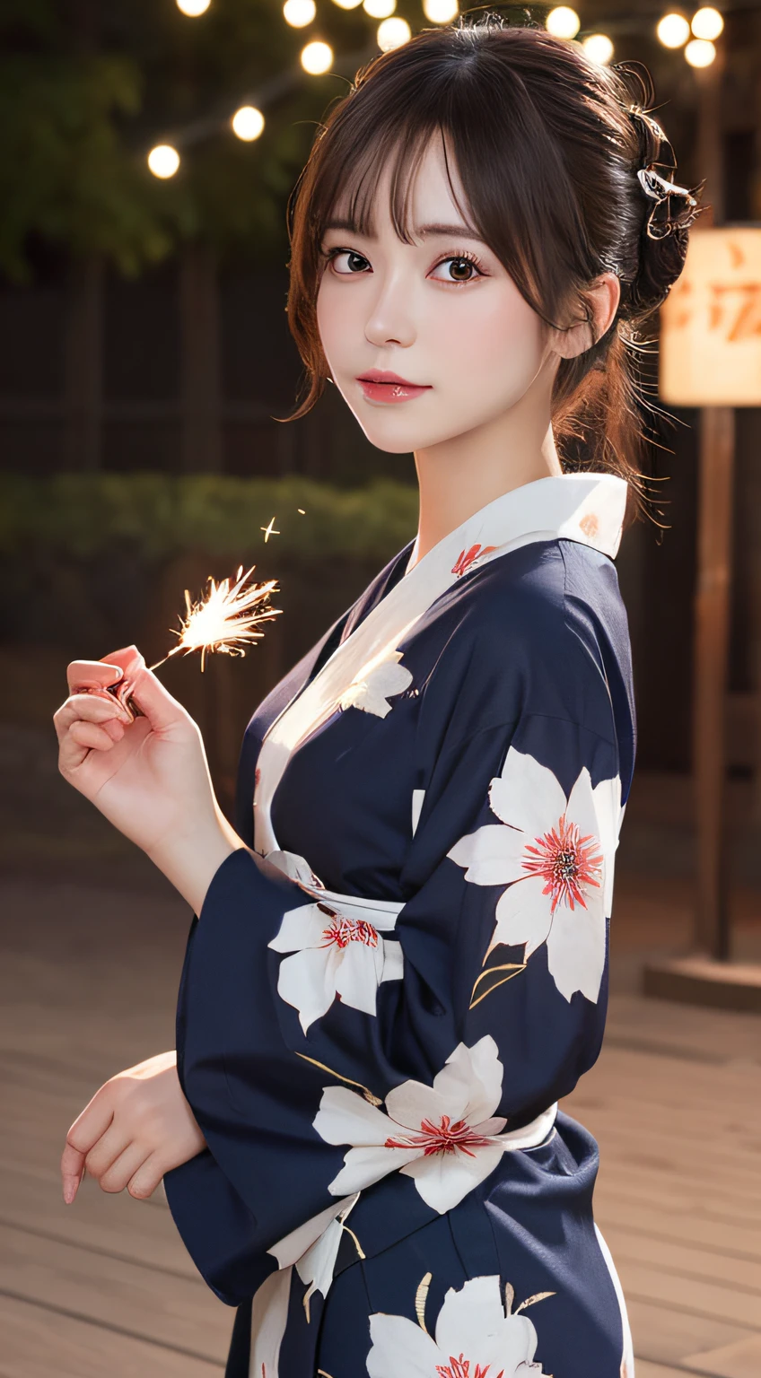 masutepiece, Best Quality, Illustration, Ultra-detailed, finely detail, hight resolution, 8K Wallpaper, Perfect dynamic composition, Beautiful detailed eyes, Yukata, Hanabi background
