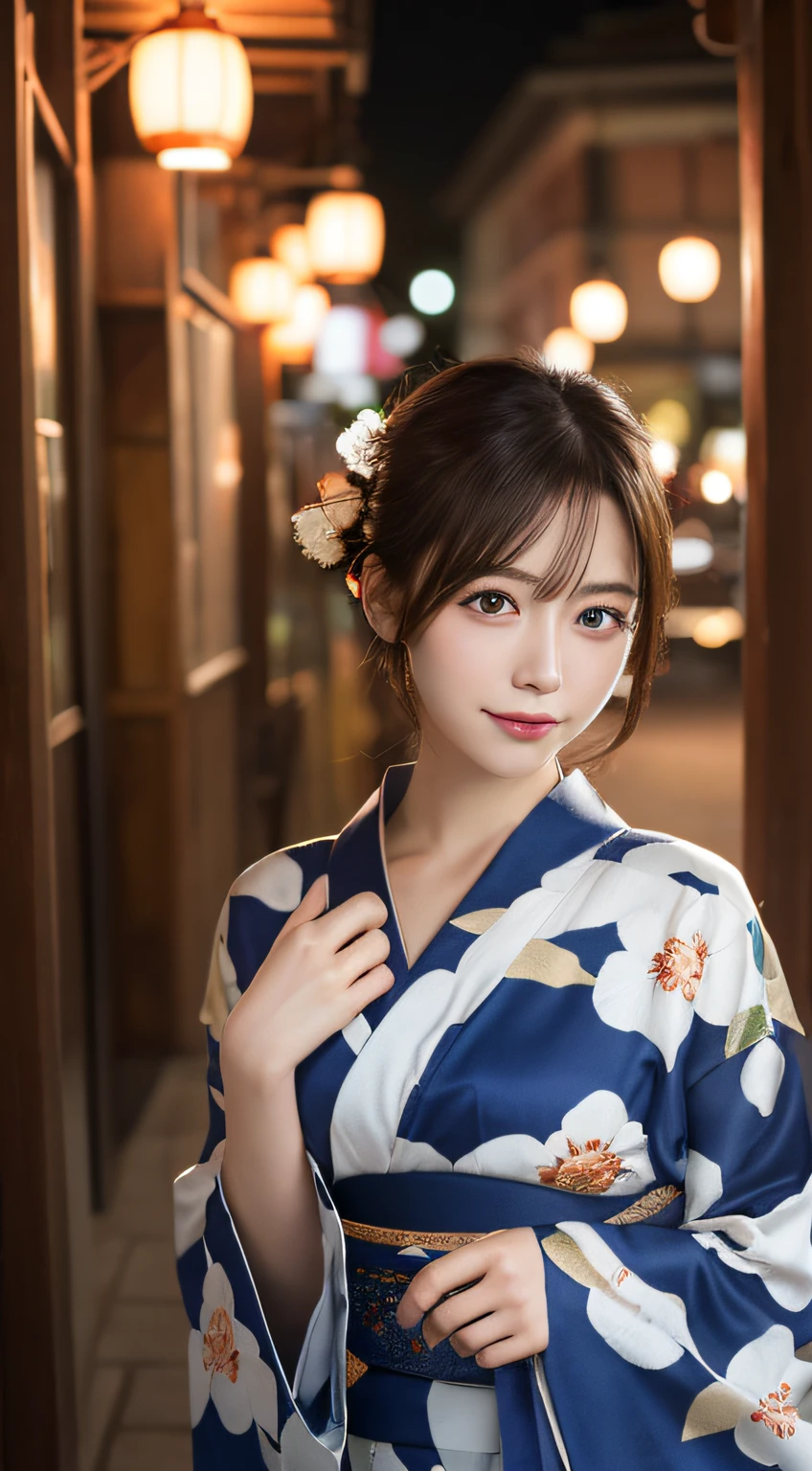 whole body, Highest quality, shape, Very detailed, In detail, High resolution, 8k wallpaper, Perfect dynamic composition, Beautiful details, kimono，Medium Hair, Center of chest, Natural color lip, Random sexy poses,smile,shrine，Flower Hair Ornaments，cute，