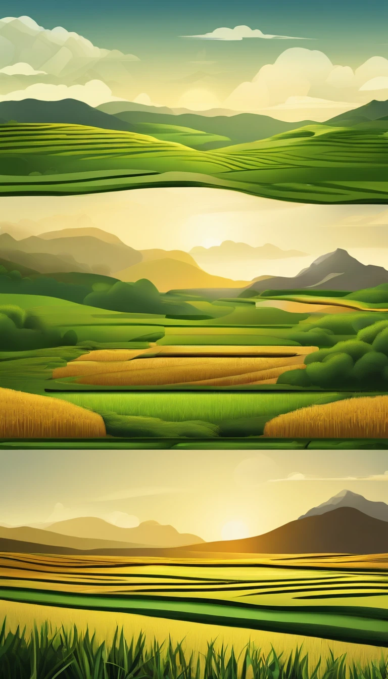 Outdoor illustration，Abstract style，ricefield， naturey， exteriors， Graphic illustration style， Complicated details， HD 16K