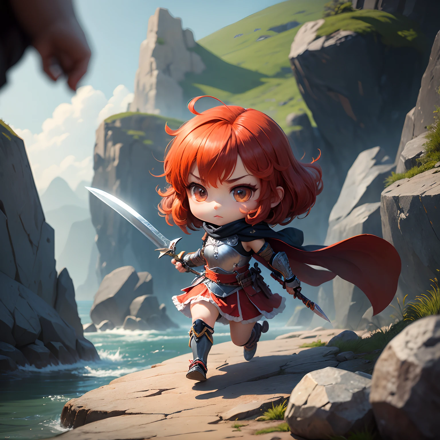 ​masterpiece、top-quality、ultra-detailliert、(Chibi Chara Warrior:1.2)、Red fiery hair fluttering in the wind、Very long knife、wraith、Beaten rocks、run、full body Esbian
