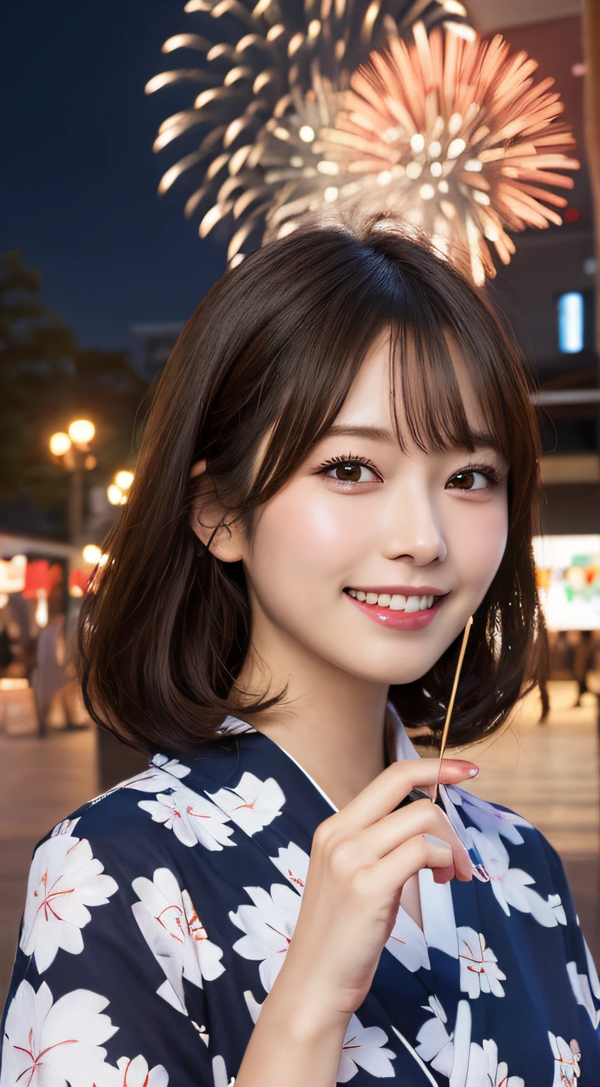 Summer festival food stalls goldfish scooping, Highest quality, shape, Very detailed, In detail, High resolution, 8k wallpaper, Perfect dynamic composition, Beautiful details,  Natural Lip, Cute yukata, Big Breasts, Cleavage, She is smiling in a cute pose.., A masterpiece of the whole body, Full Body Shot