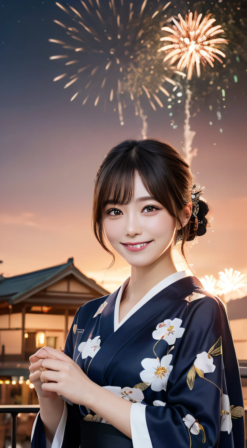 masutepiece, Best Quality, Illustration, Ultra-detailed, finely detail, hight resolution, 8K Wallpaper, Perfect dynamic composition, Beautiful detailed eyes, Yukata, Fireworks Festival, Smile Face