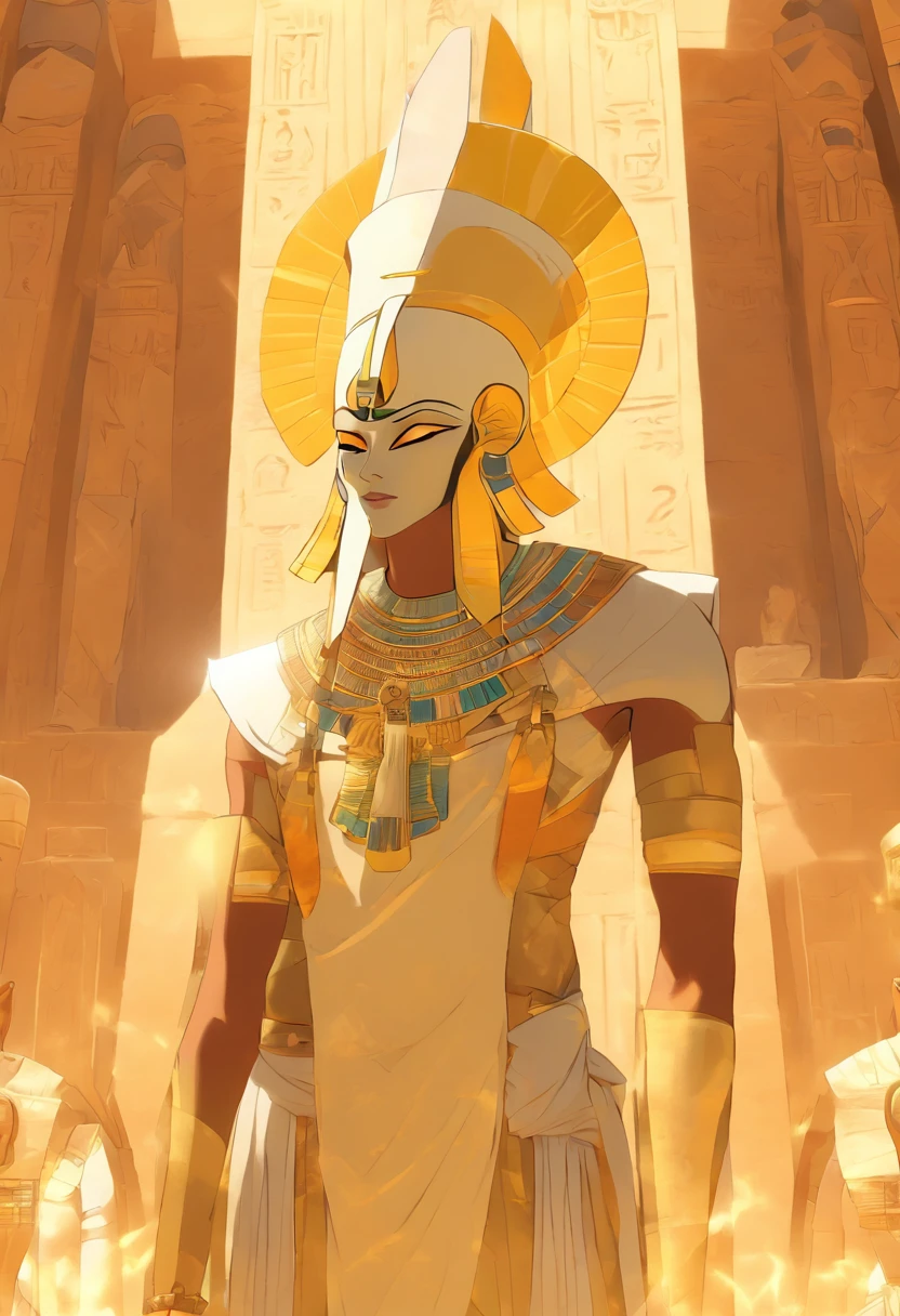 ((Osiris))) best quality, very high resolution, 4K detailed CG, masterpiece, Egyptian mythology, Osiris, sun in the background, Ancient Egypt, standing pose, white clothes, Egyptian clothes, Egyptian temple, desert, Egypt Ancient, ((Mummified body)), Egyptian palace, aesthetics, beautiful image, centered on canvas, standing pose