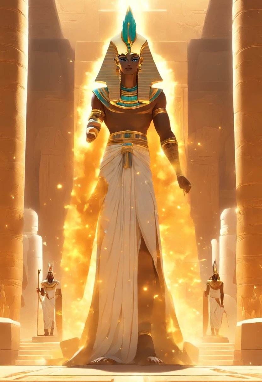 ((Osiris))) best quality, very high resolution, 4K detailed CG, masterpiece, Egyptian mythology, Osiris, sun in the background, Ancient Egypt, standing pose, white clothes, Egyptian clothes, Egyptian temple, desert, Egypt Ancient, ((Mummified body)), Egyptian palace, aesthetics, beautiful image, centered on canvas, standing pose