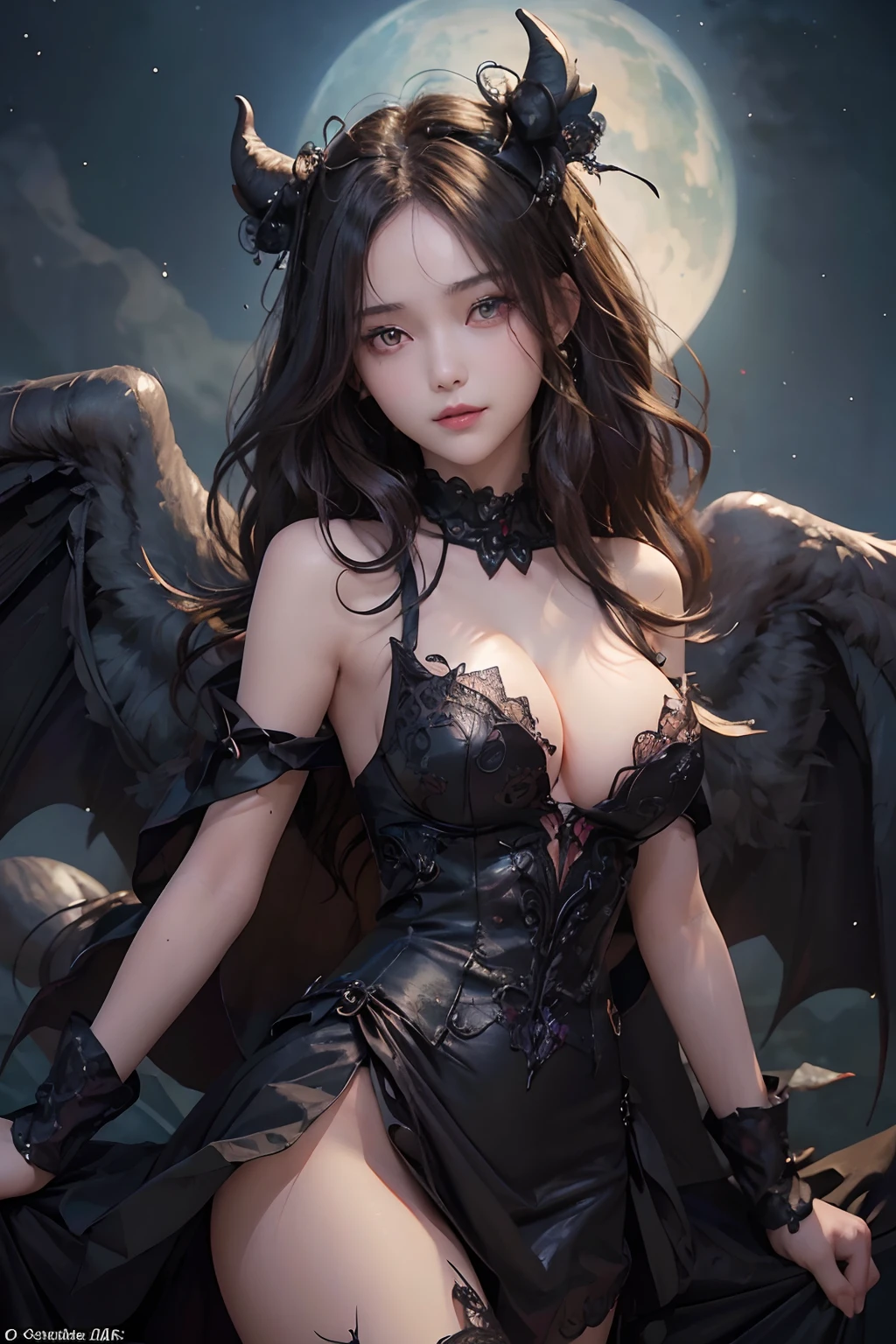 ((top-quality:1.3、8K、​masterpiece))、1girl in、Diabolical、Black dress、Detailed Face 1:2、kawaii faces、A detailed eye、a smile、onepiece、Pretty Woman、(Dark hair)、full bodyesbian、pluma、