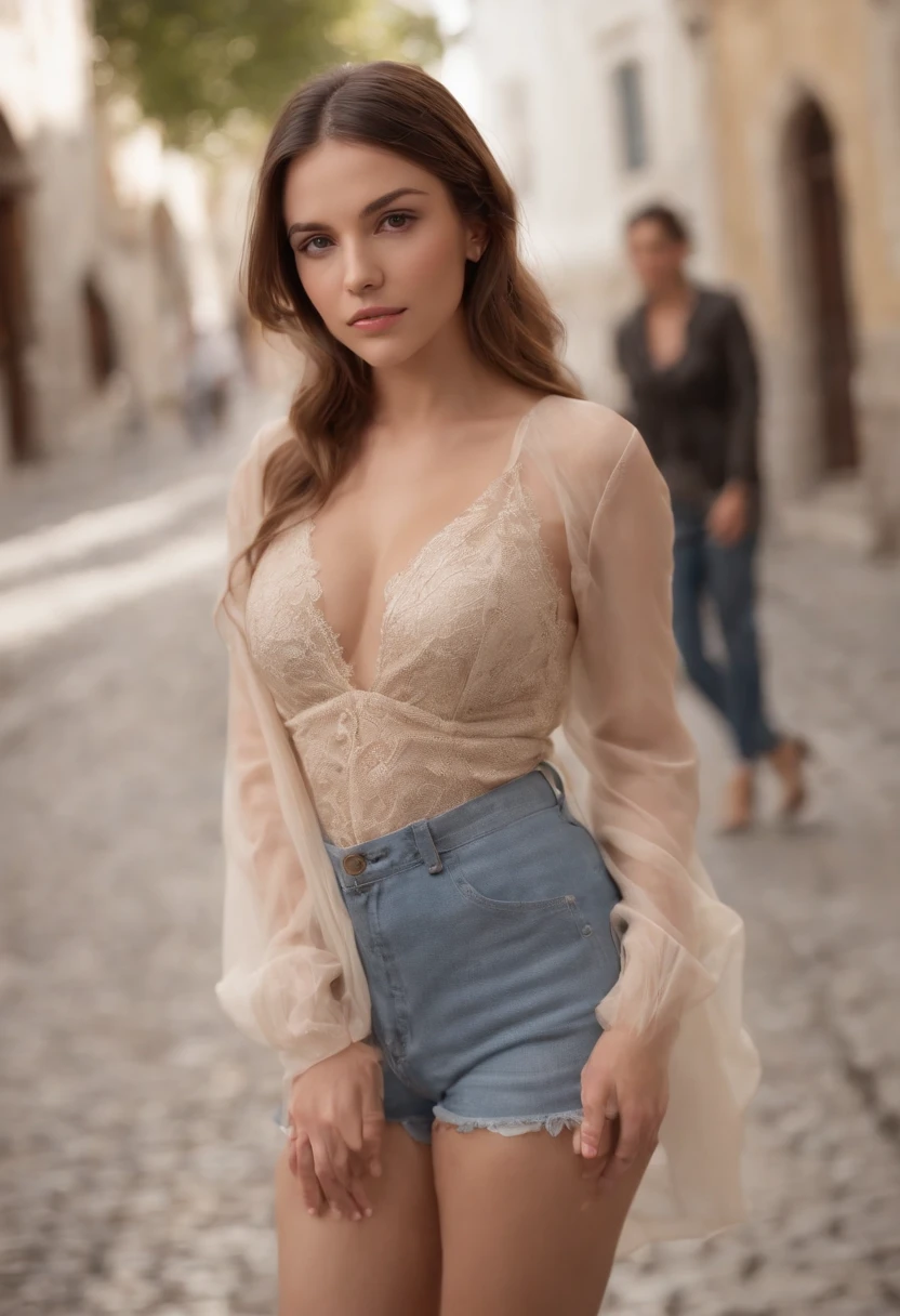 1girl, piernas abiertas, sentado en una calle llena de gente, Camisa transparente mojada, Cuerpo sudoroso, Tetas grandes, trasero paradito, tetas blandas, shy face blank eyes, caderas grandes, high-heeled,mirada sexy,muestrae la vagina, , apretar las tetas a mano
