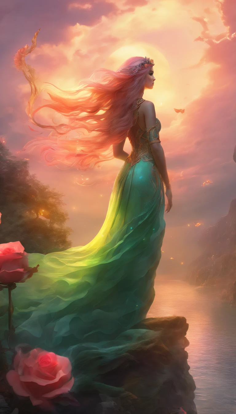 (Anthropomorphism is mermaids with many tails:1.8), Fox, pink and green crystal gown with cape and roses, in the style of claude monet, magical, octane render, hyper realistic, Beautiful, slender leg,magical, mysterious, Epic scenes, Scenes, Rembrandt in stormy style sky, Misty, the sunset, Dramatic lighting, Light, Amount of light, diffuse light, (elevation),Upward view, illusory engine, Detailed, 3 d rendered, Action scenes, Photography Unreal Engine, octanerender,