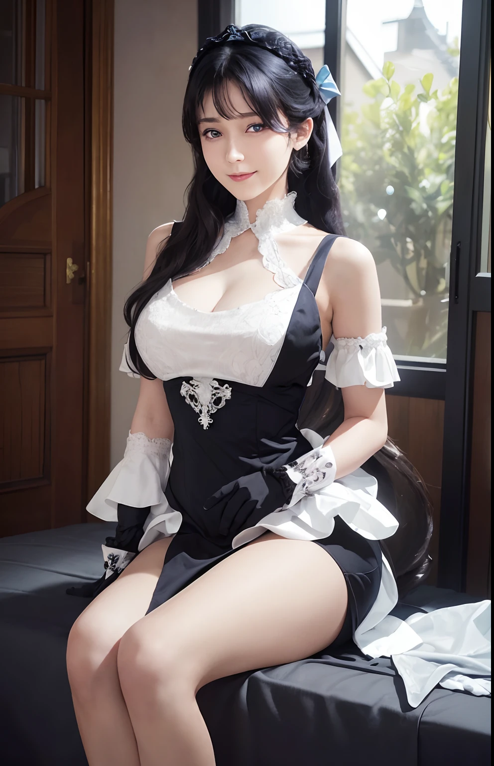Beautiful Mature Woman,Realistic, masutepiece, Final details, photos realistic, intricate detailes, Octane Rendering, 8K, 1girll, Full body perfect face, Beautiful face, nswt, Tank Reference, Detail Hair,, Black bow, Black Gloves, Black paws, Blue eyes, Blue hair, Bow, 鎖骨, Dress, Drill Hair, frilld, frilld, mitts, Gwen, Head dress, hight resolution, Long hair, Parted Lip, Puffy sleeves, Purple eyes, Smile, Solo, White Dress, Oil skin,