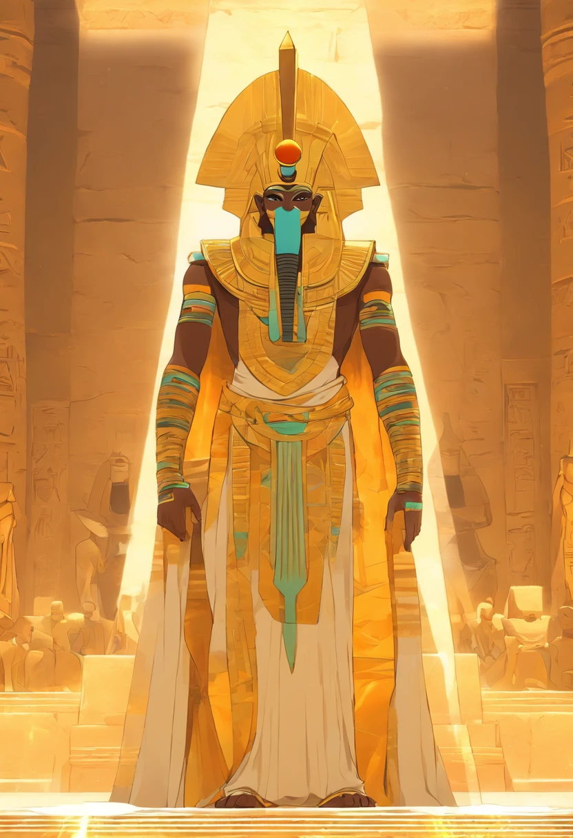 ((Osiris))) best quality, very high resolution, 4K detailed CG, masterpiece, Egyptian mythology, Osiris, sun in the background, Ancient Egypt, standing pose, white clothes, Egyptian clothes, Egyptian temple, desert, Egypt Ancient, ((Mummified body)), Egyptian palace, aesthetics, beautiful image, centered on canvas, standing pose
