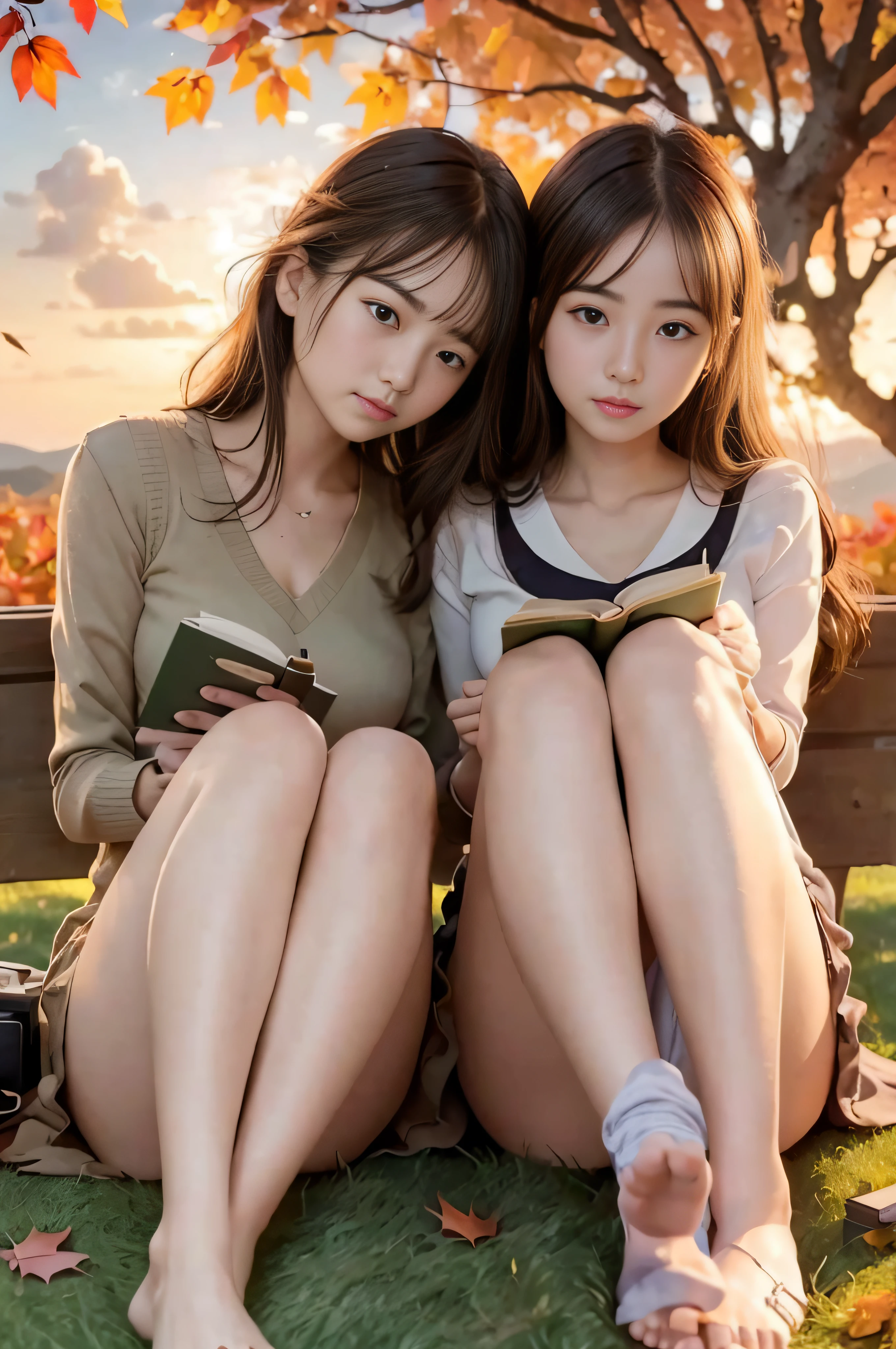 RAW image quality、8K分辨率、Ultra-detailed CG footage、(Sitting on the grass leaning against a tree, Reading a book, Knees together, Feet apart, up skirt, (hairy:1.1), (Pubic hair:1.1), (view from front, low angles), Onepiece, Detailed, morning, Sunrise, High resolution, ultra-quality, Super masterpiece, Colored leaves,