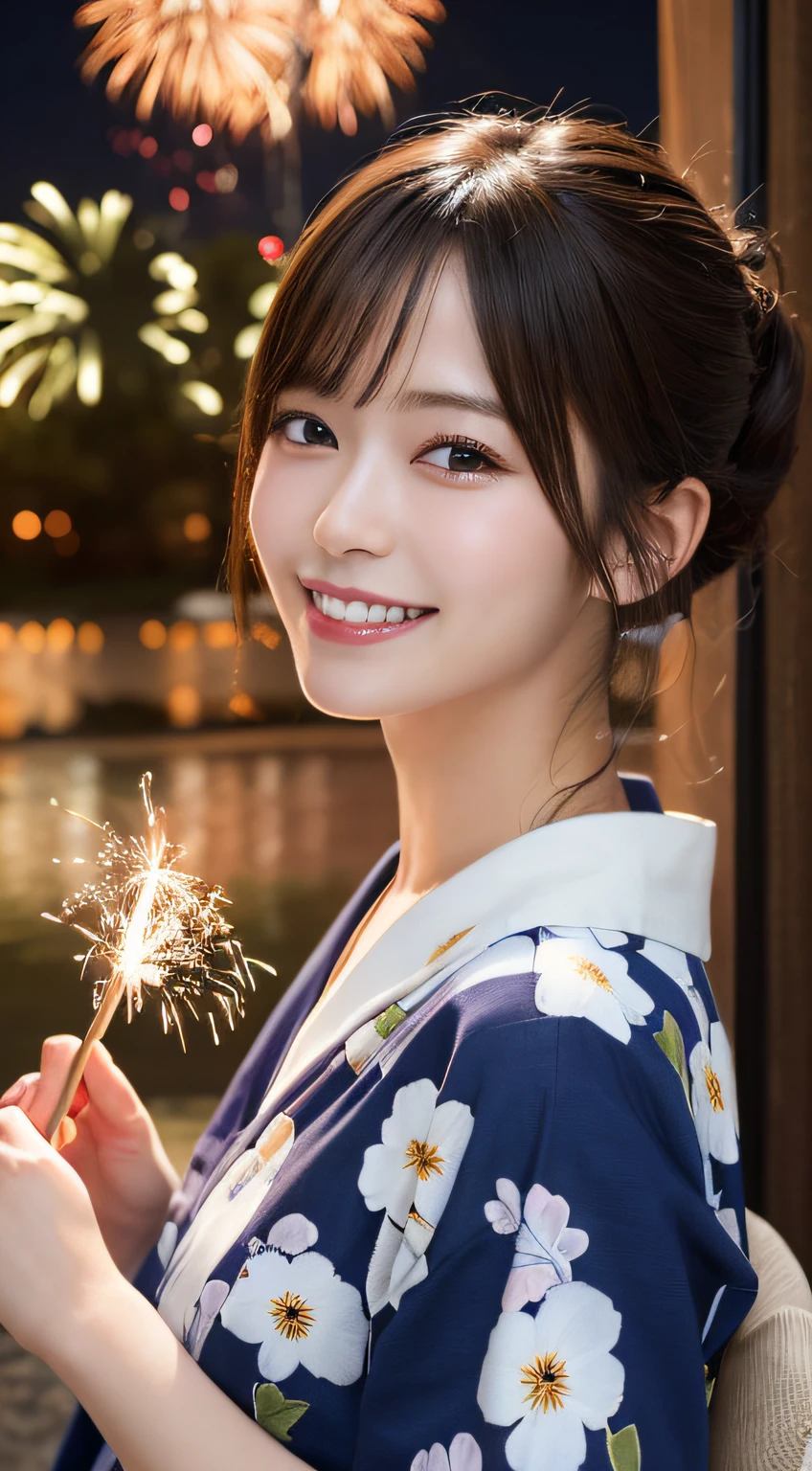 masutepiece, Best Quality, Illustration, Ultra-detailed, finely detail, hight resolution, 8K Wallpaper, Perfect dynamic composition, Beautiful detailed eyes, Yukata, Fireworks Festival, Smile Face