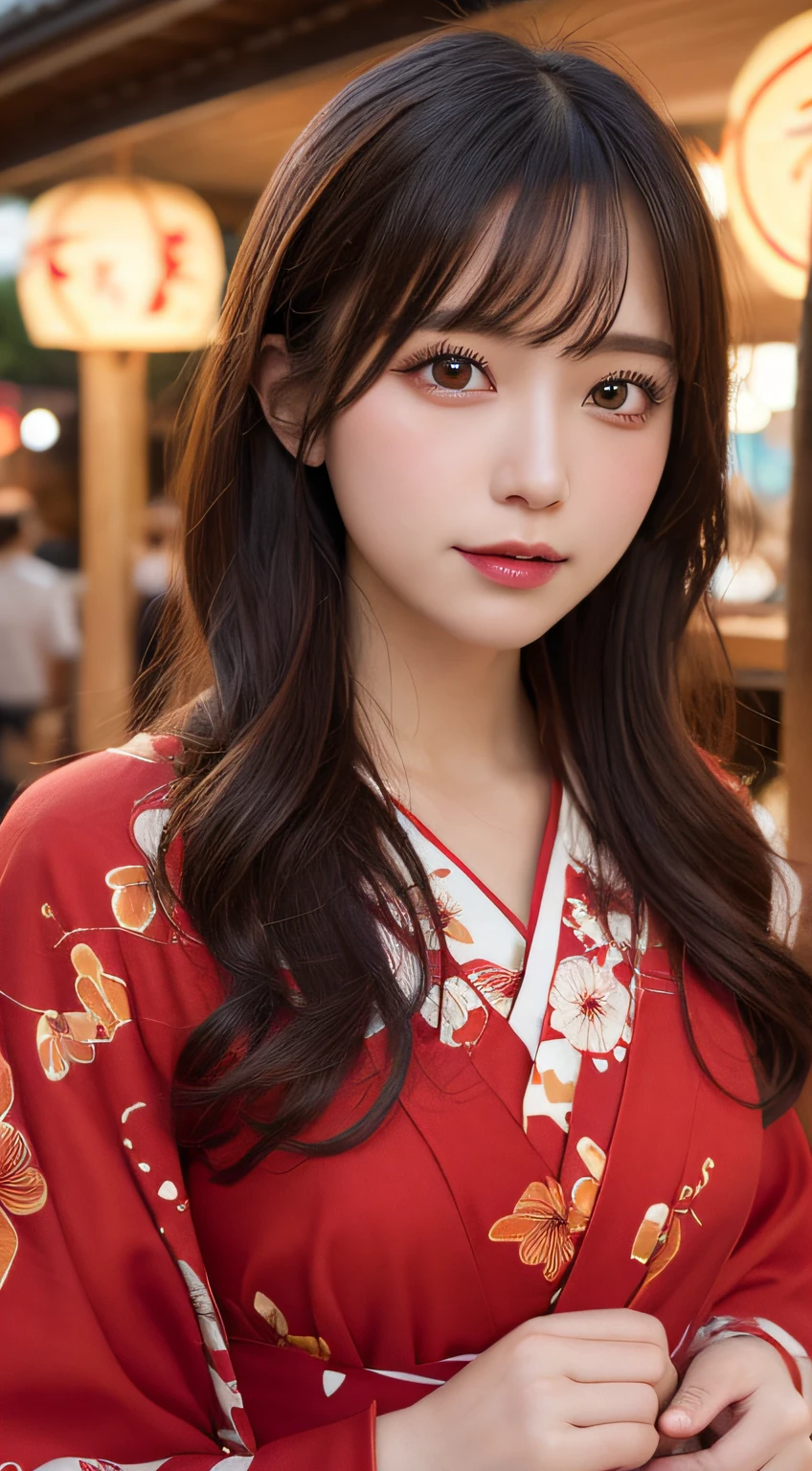 masutepiece, Best Quality, Illustration, Ultra-detailed, finely detail, hight resolution, 8K Wallpaper, Perfect dynamic composition, Beautiful detailed eyes,(( Red pattern))nine,Yukata, Hanabi background