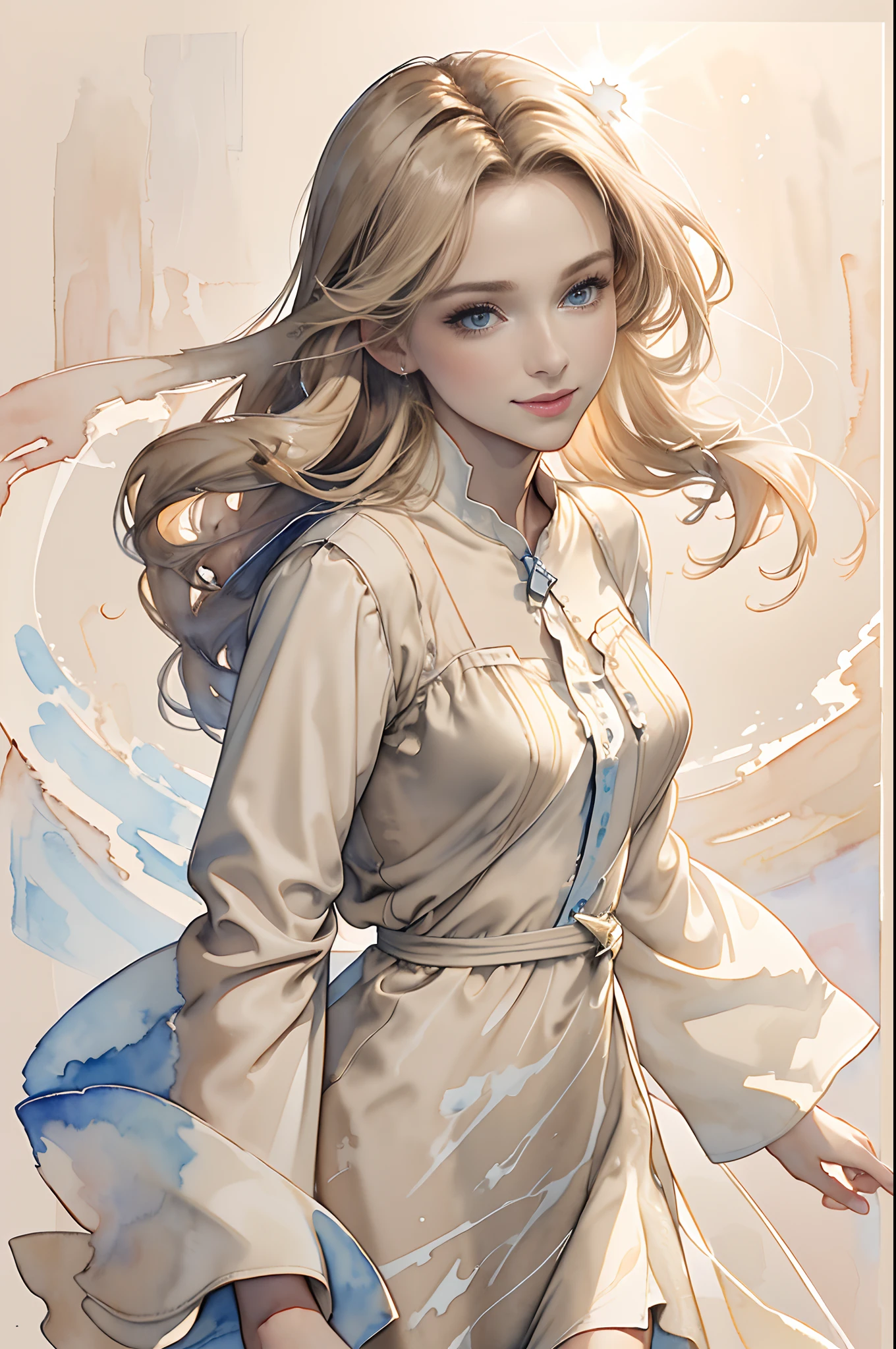 8K,​masterpiece,top-quality, (From the top:1.6) ,(close up:1.1),Dynamic Pose,30-year-old woman with,Portrait, light, Long hair, ssmile, watercolor paiting \(Medium\),watercolor paiting,(A plain beige long-sleeved dress that adheres to the body:1.3)