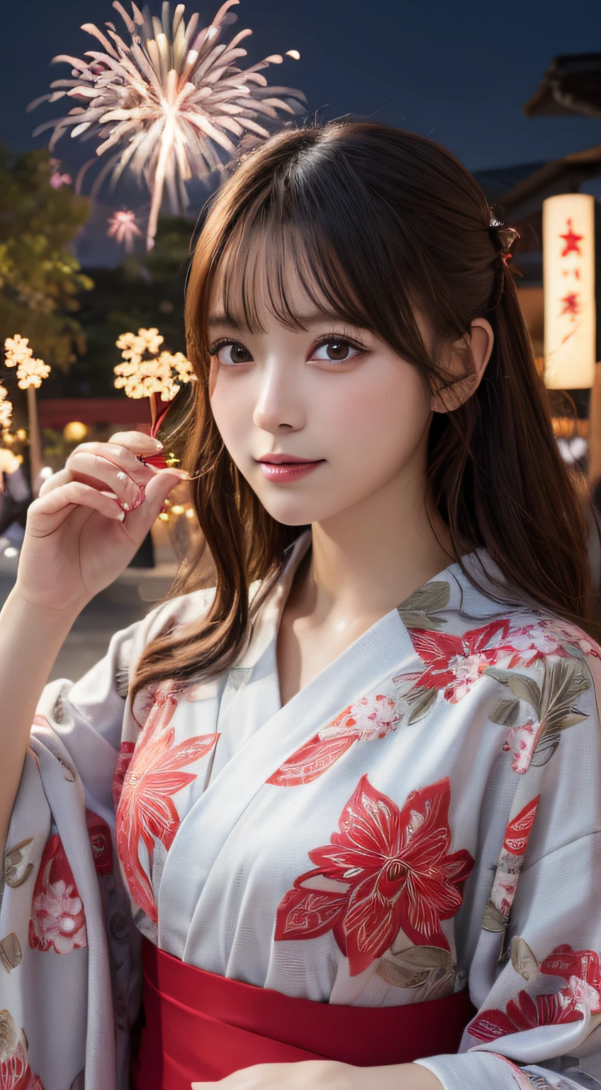 masutepiece, Best Quality, Illustration, Ultra-detailed, finely detail, hight resolution, 8K Wallpaper, Perfect dynamic composition, Beautiful detailed eyes,(( Red pattern))nine,Yukata, Hanabi background