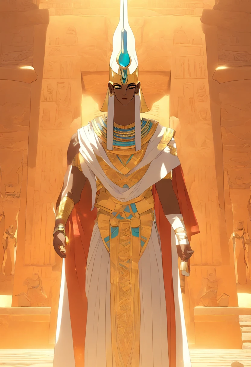 ((Osiris))) best quality, very high resolution, 4K detailed CG, masterpiece, Egyptian mythology, Osiris, sun in the background, Ancient Egypt, standing pose, white clothes, Egyptian clothes, Egyptian temple, desert, Egypt Ancient, ((Mummified body)), Egyptian palace, aesthetics, beautiful image, centered on canvas, standing pose